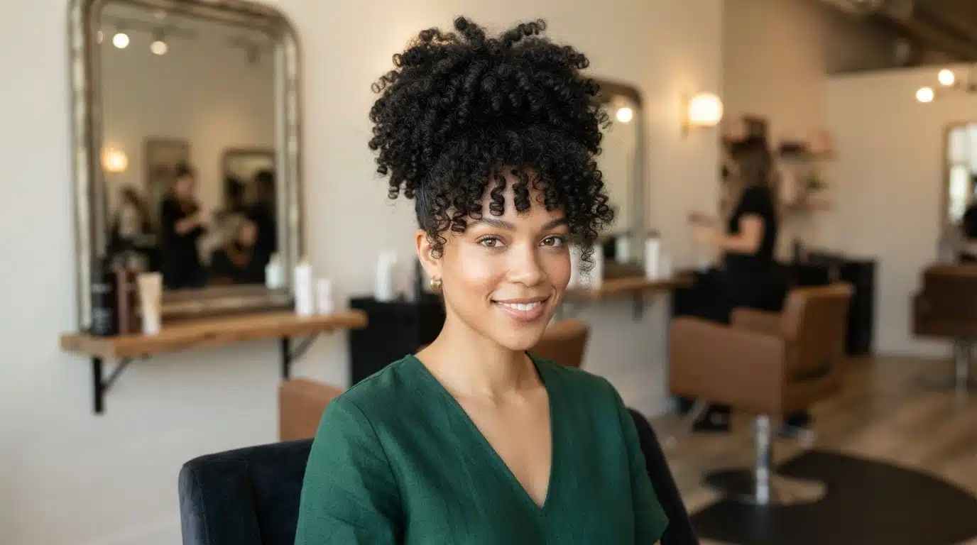 high puff with loose curls on white american woman with textured black hair in salon