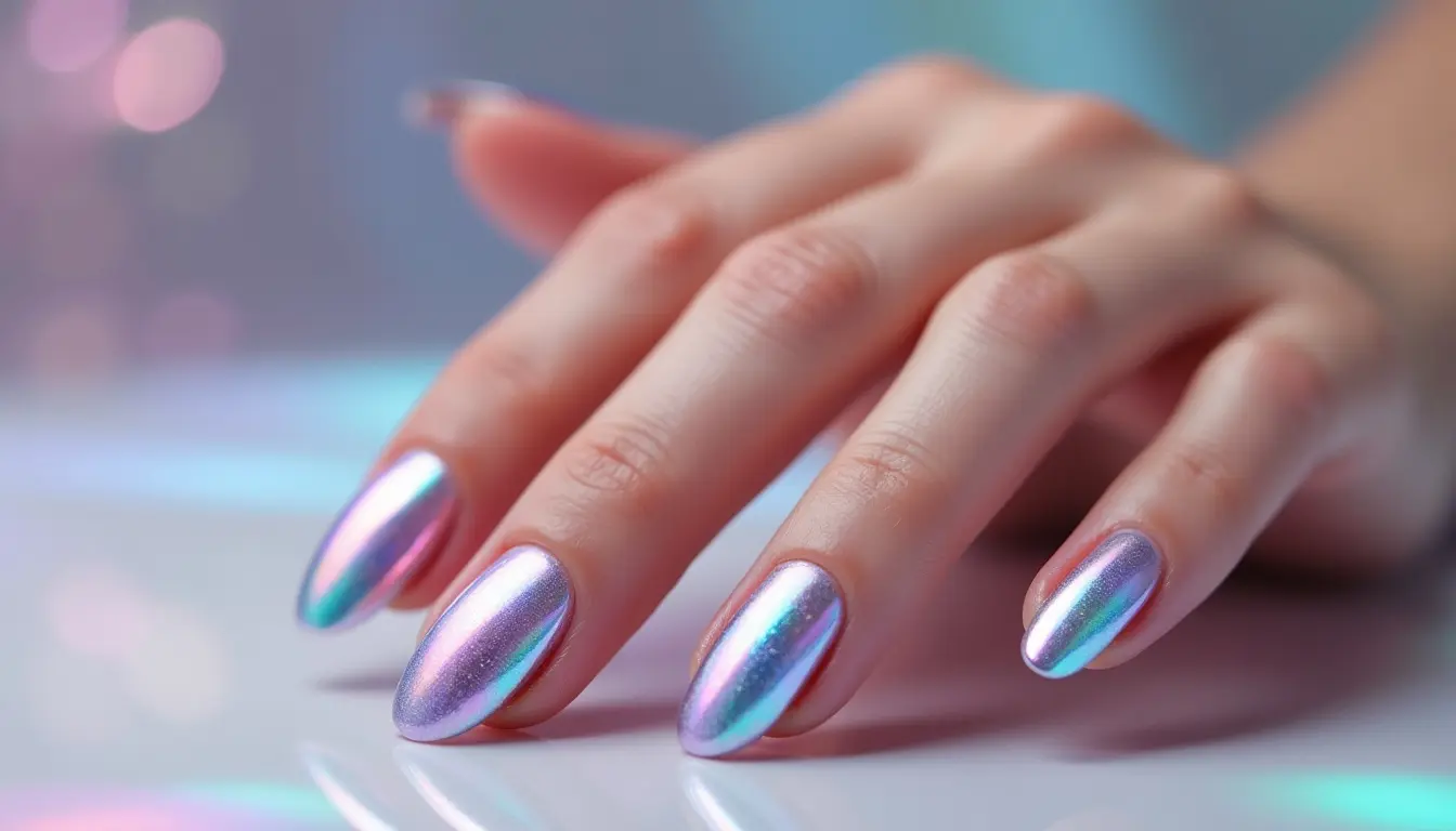 holographic multichrome nails with shifting rainbow chrome reflections on a natural hand