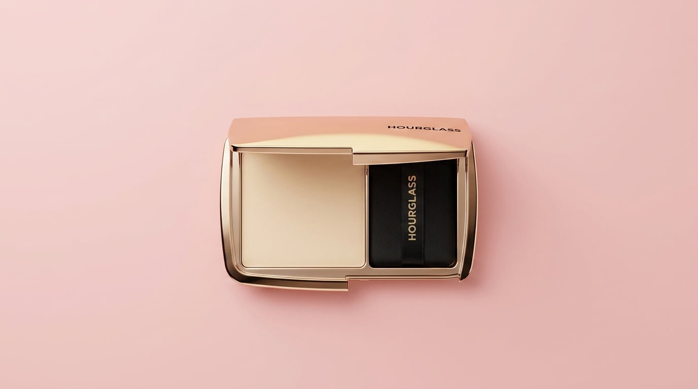 hourglass vanish airbrush pressed powder displayed in its open compact packaging