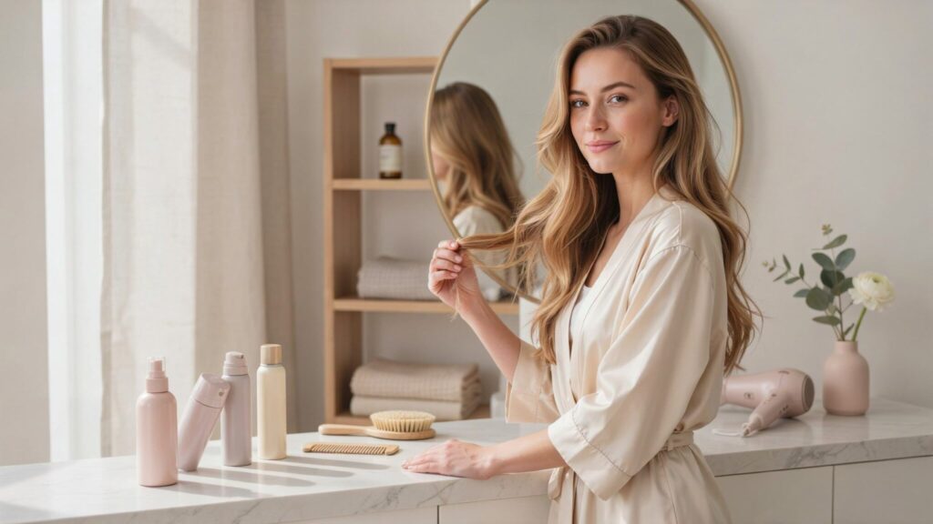 woman with fuller wavy hair beside volumizing hair products and styling tools on a bright vanity table