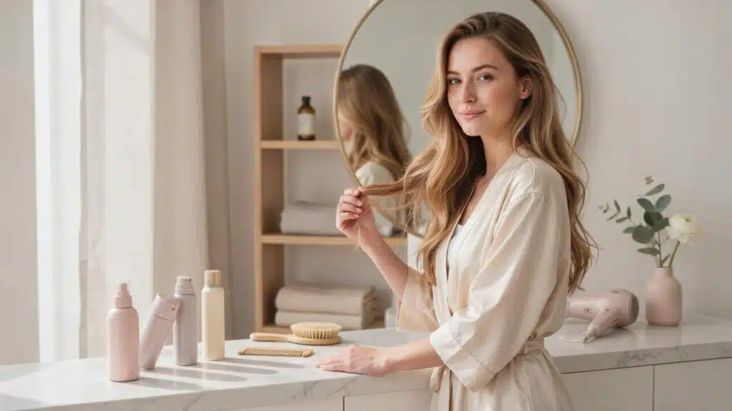woman with fuller wavy hair beside volumizing hair products and styling tools on a bright vanity table