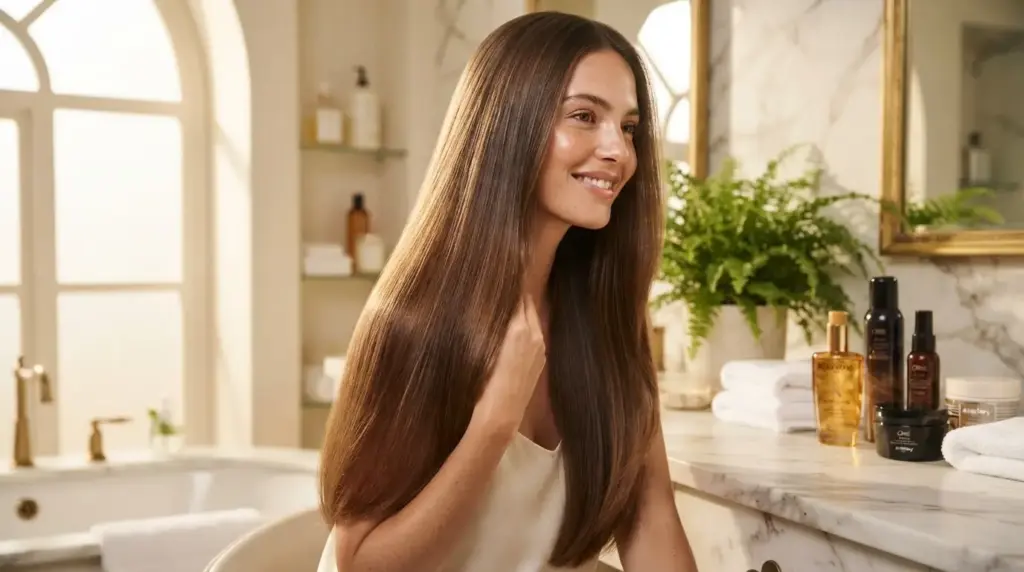 woman with long straight brown hair smiling in a bright bathroom beside hair care products on a marble counter at home