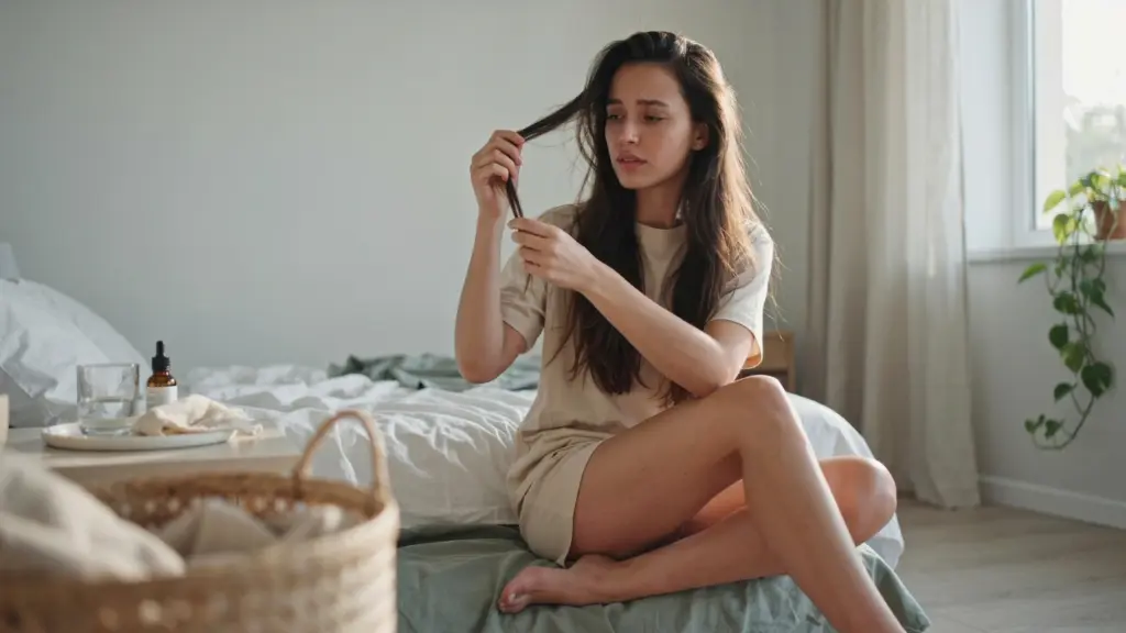 young woman thinking about haircare solutions while showing rough dry hair in a clean bathroom