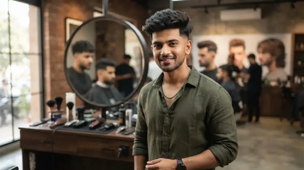 indian man showing a modern textured hairstyle with fade haircut in a stylish barber studio setting