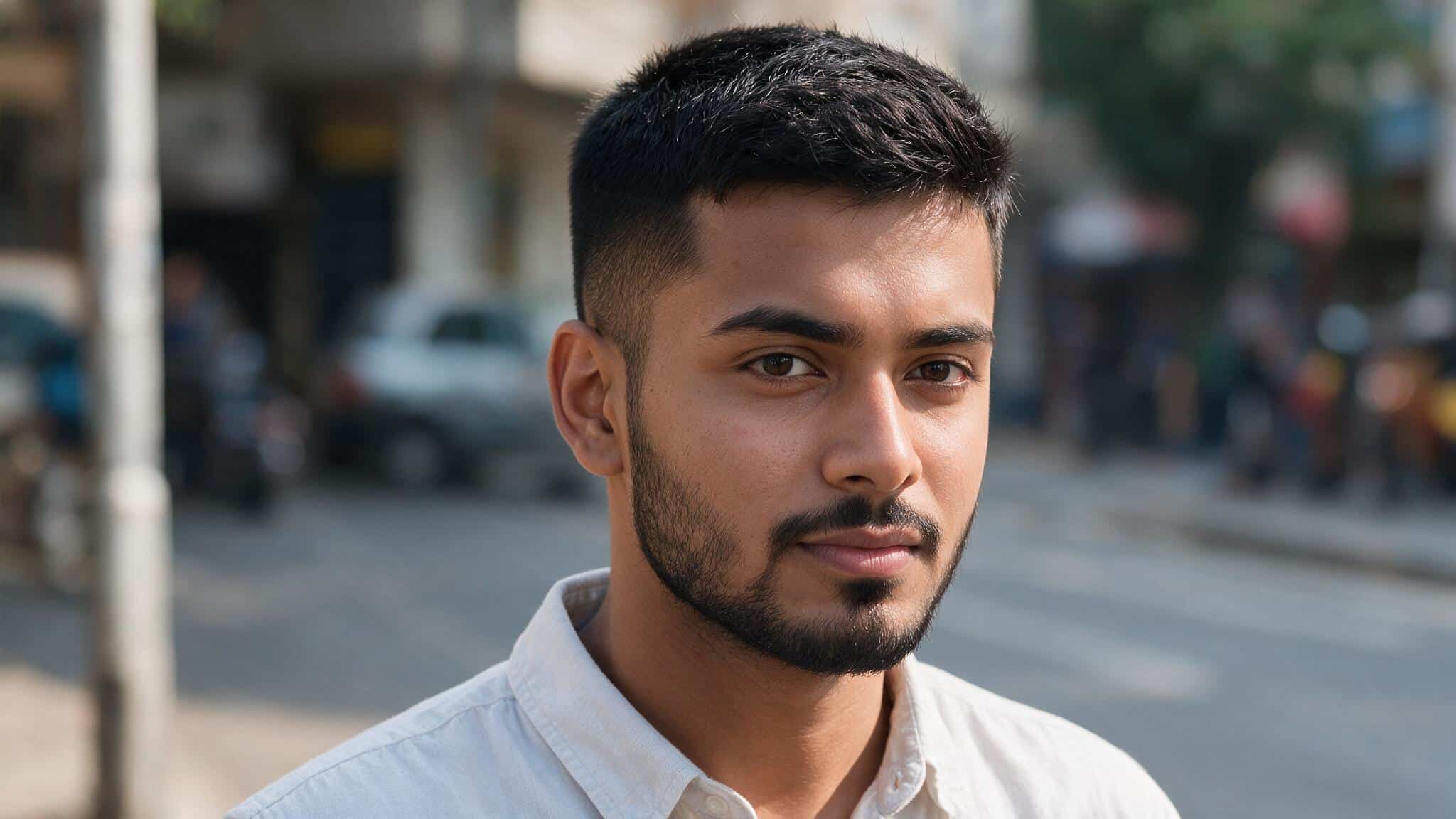 indian man wearing classic crew cut with textured top, short sides, natural hair density, and realistic facial features