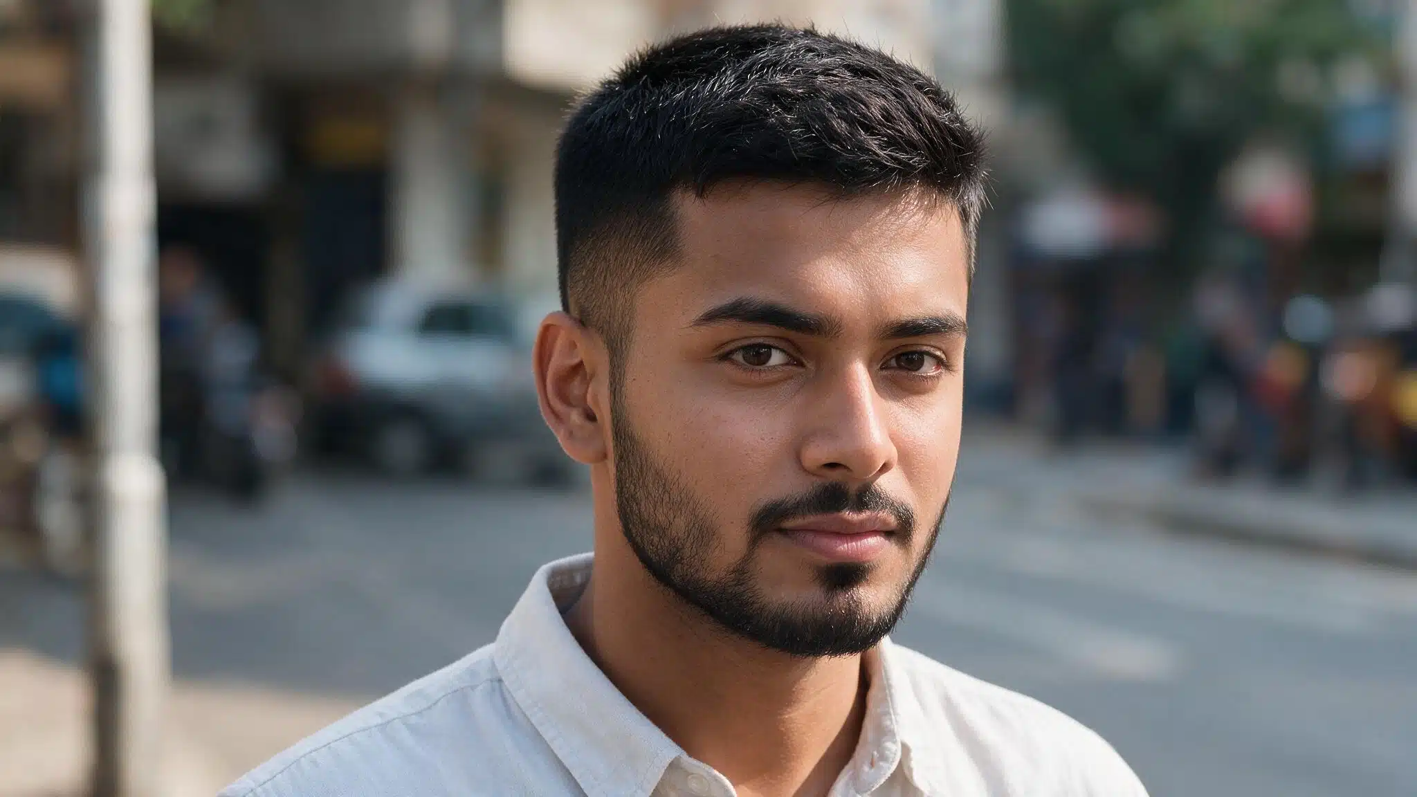 indian man wearing classic crew cut with textured top, short sides, natural hair density, and realistic facial features