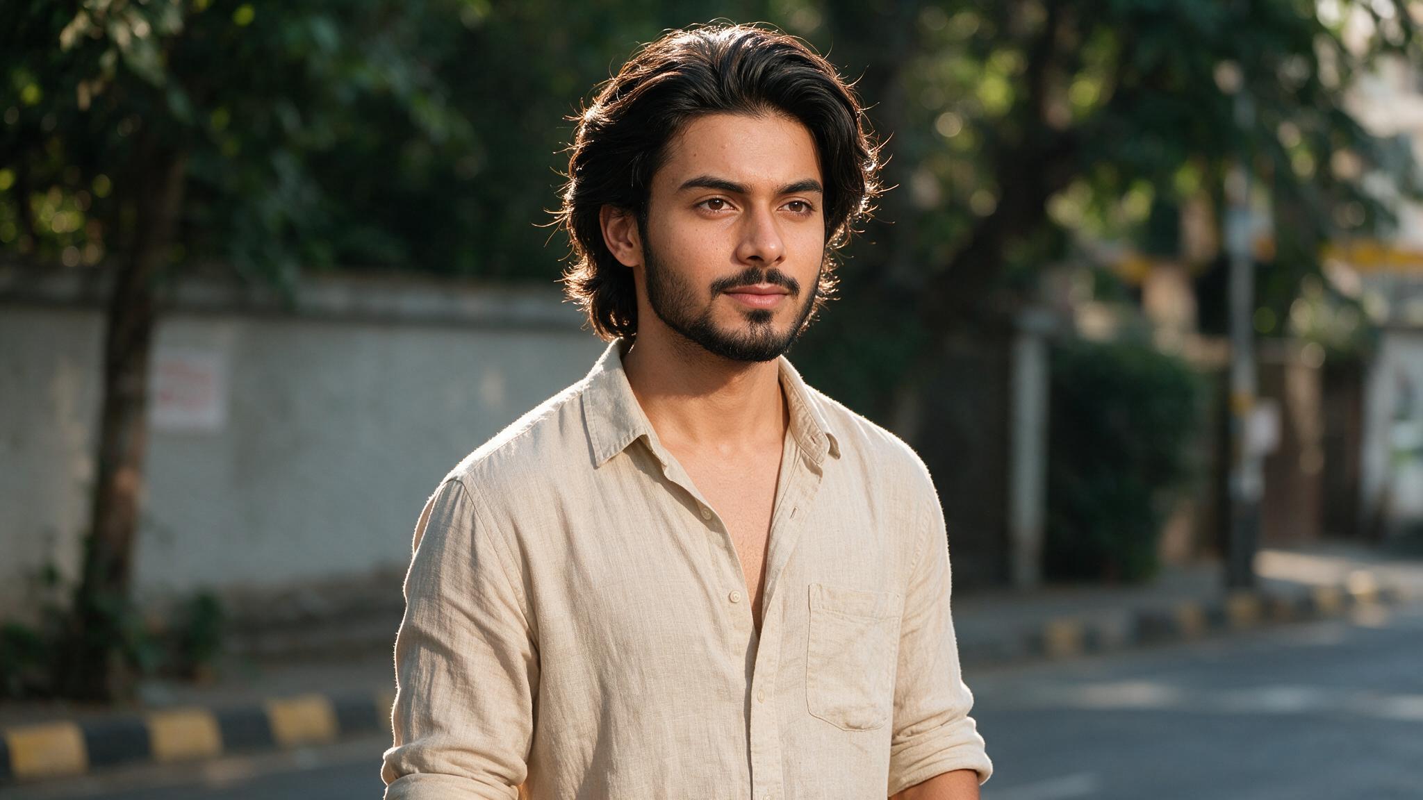 indian man with bro flow hairstyle showing medium length swept back hair and natural wavy texture