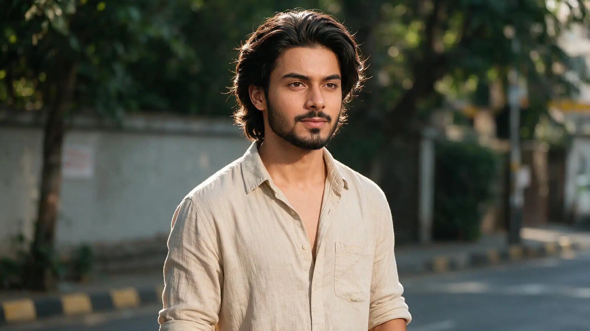 indian man with bro flow hairstyle showing medium length swept back hair and natural wavy texture