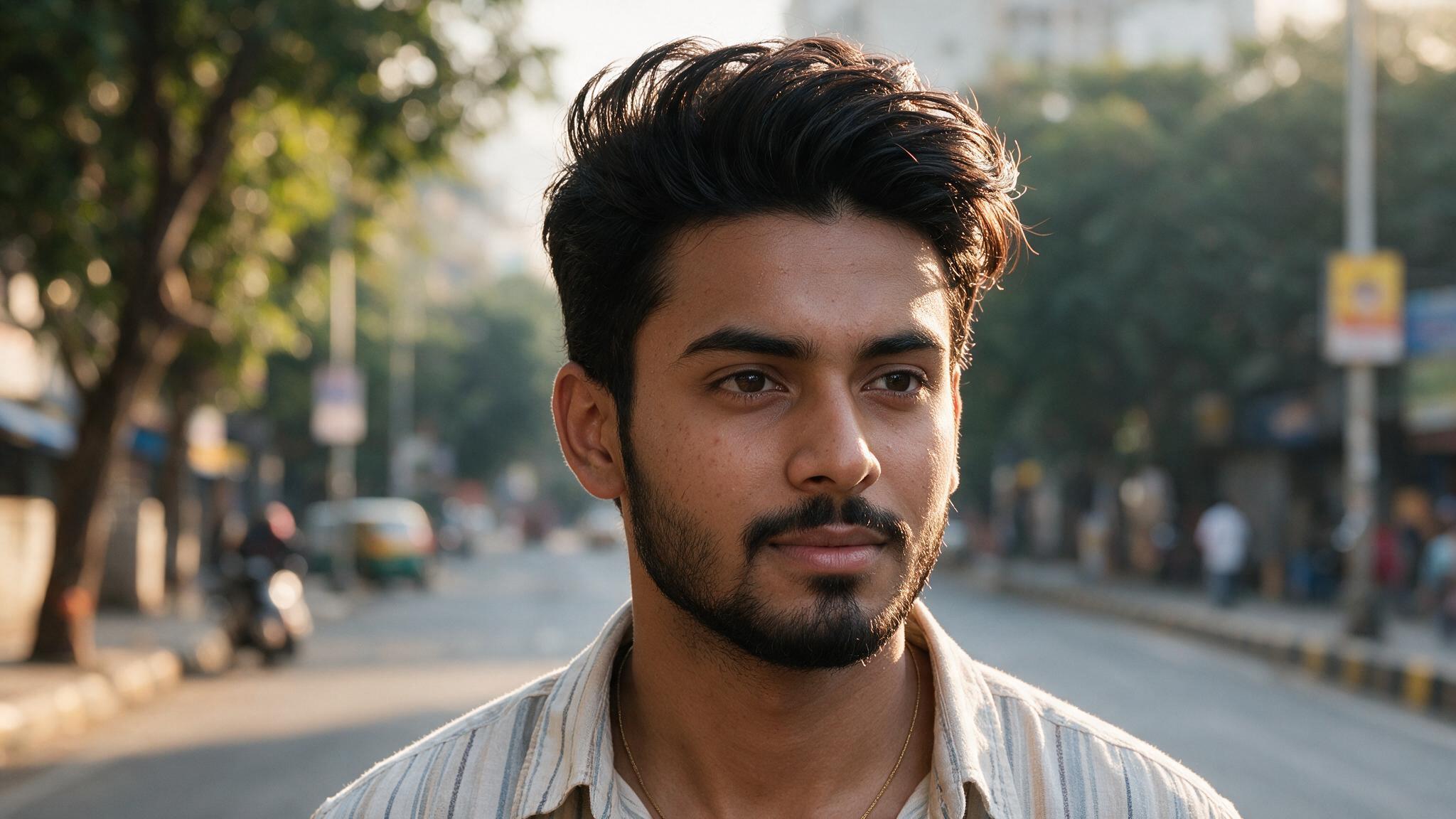 indian man with brush up hairstyle featuring upward styled hair, natural volume, and realistic textured finish
