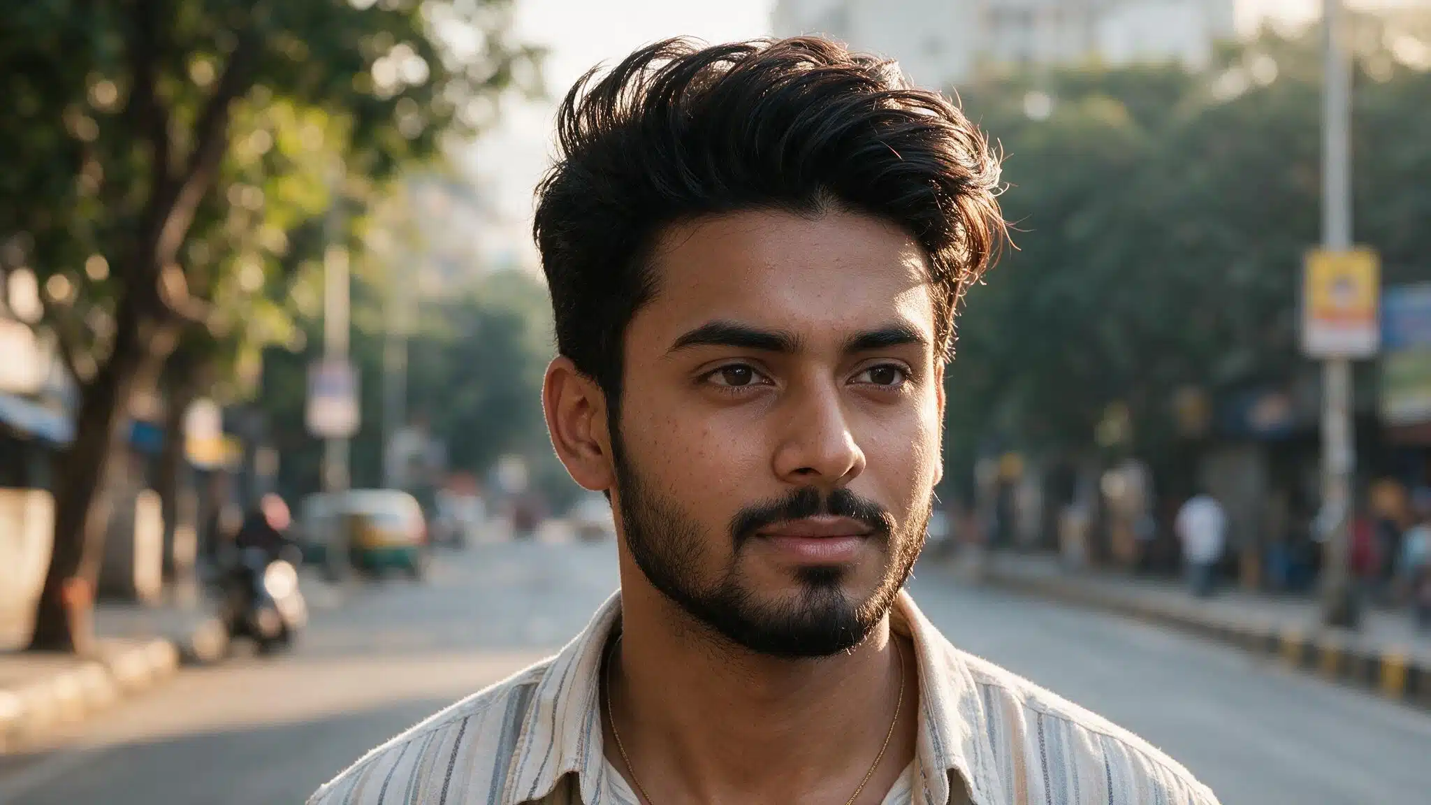 indian man with brush up hairstyle featuring upward styled hair, natural volume, and realistic textured finish