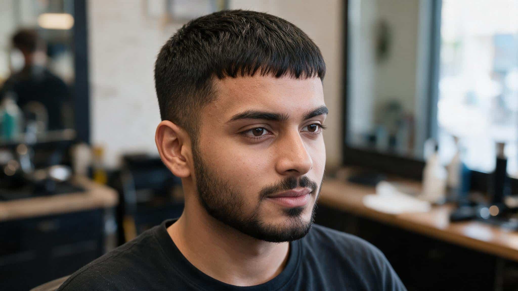 indian man with caesar crop haircut featuring forward fringe, short textured hair, and natural skin texture details