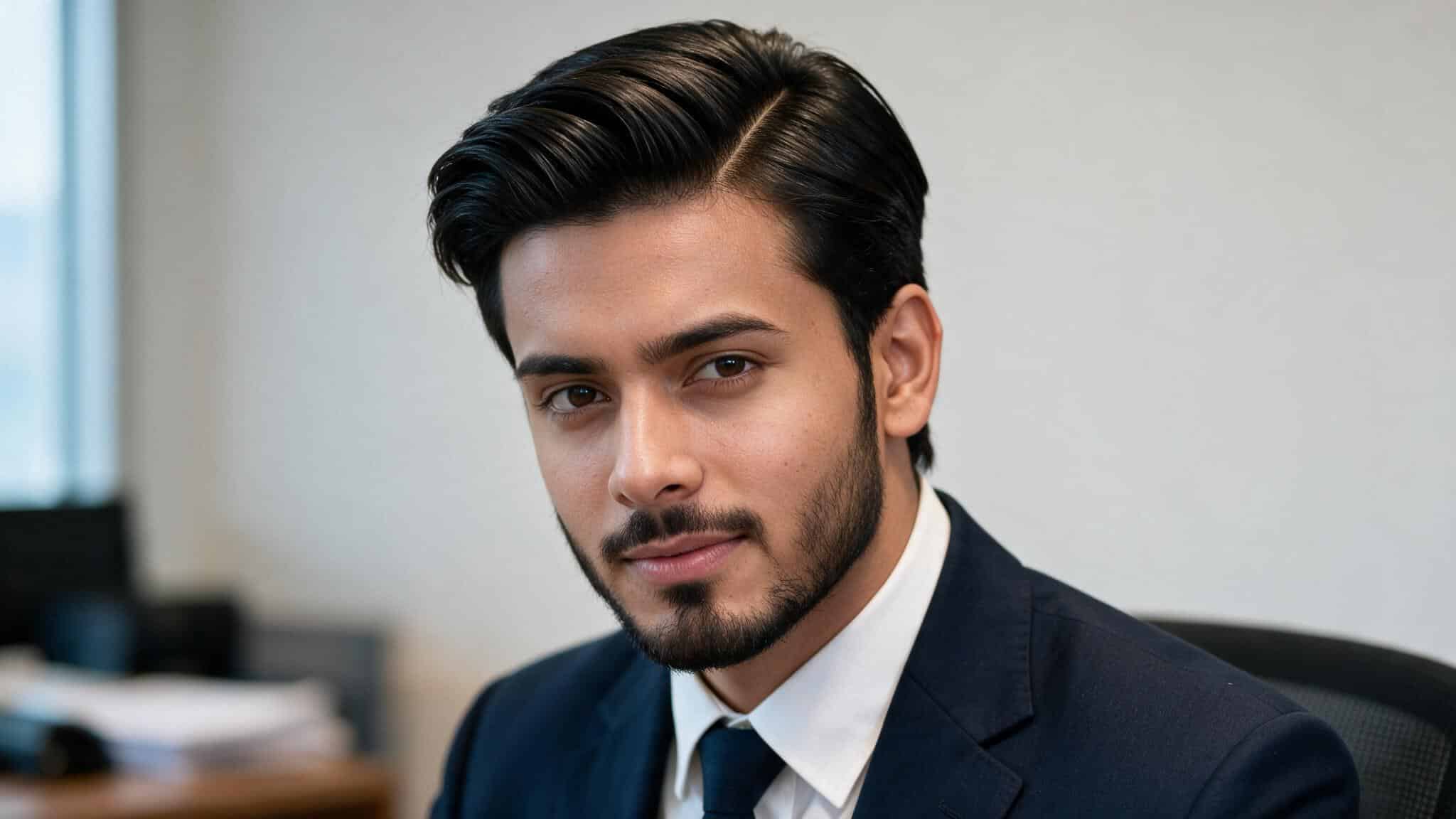 indian man with classic side part haircut showing neatly combed hair, natural texture, and formal grooming style