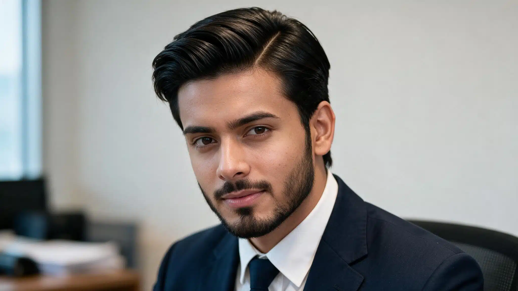 indian man with classic side part haircut showing neatly combed hair, natural texture, and formal grooming style