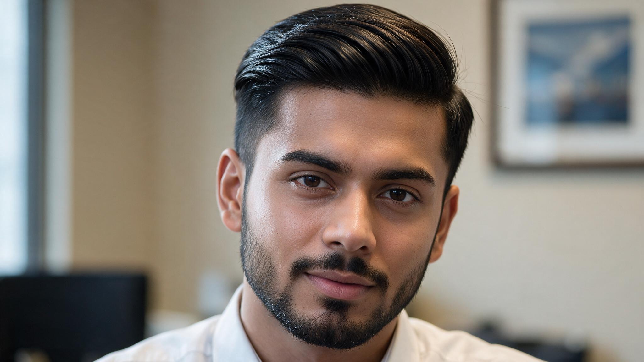 indian man with comb over haircut showing side swept hair, neat styling, and natural thick hair texture