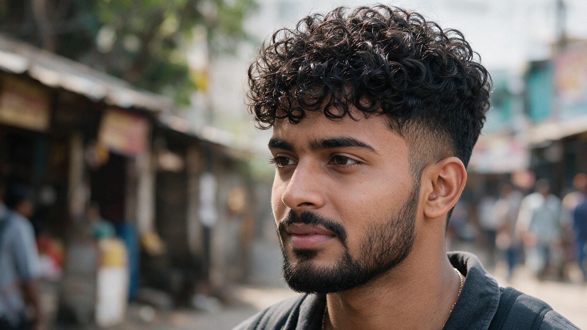 indian man with curly crop hairstyle showing natural curls, faded sides, and realistic textured hair pattern