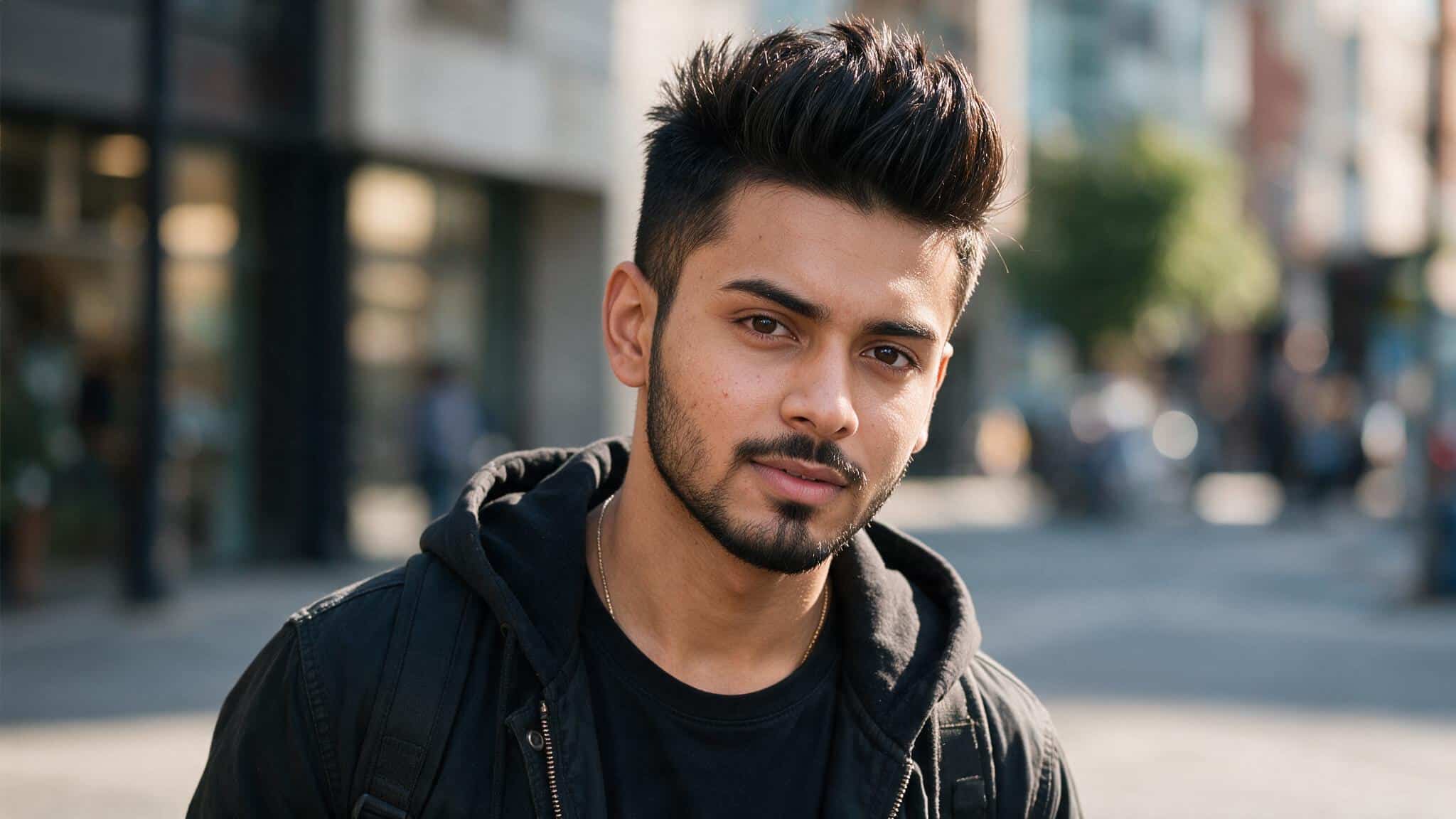 indian man with faux hawk haircut showing raised center hair, tapered sides, and textured modern styling