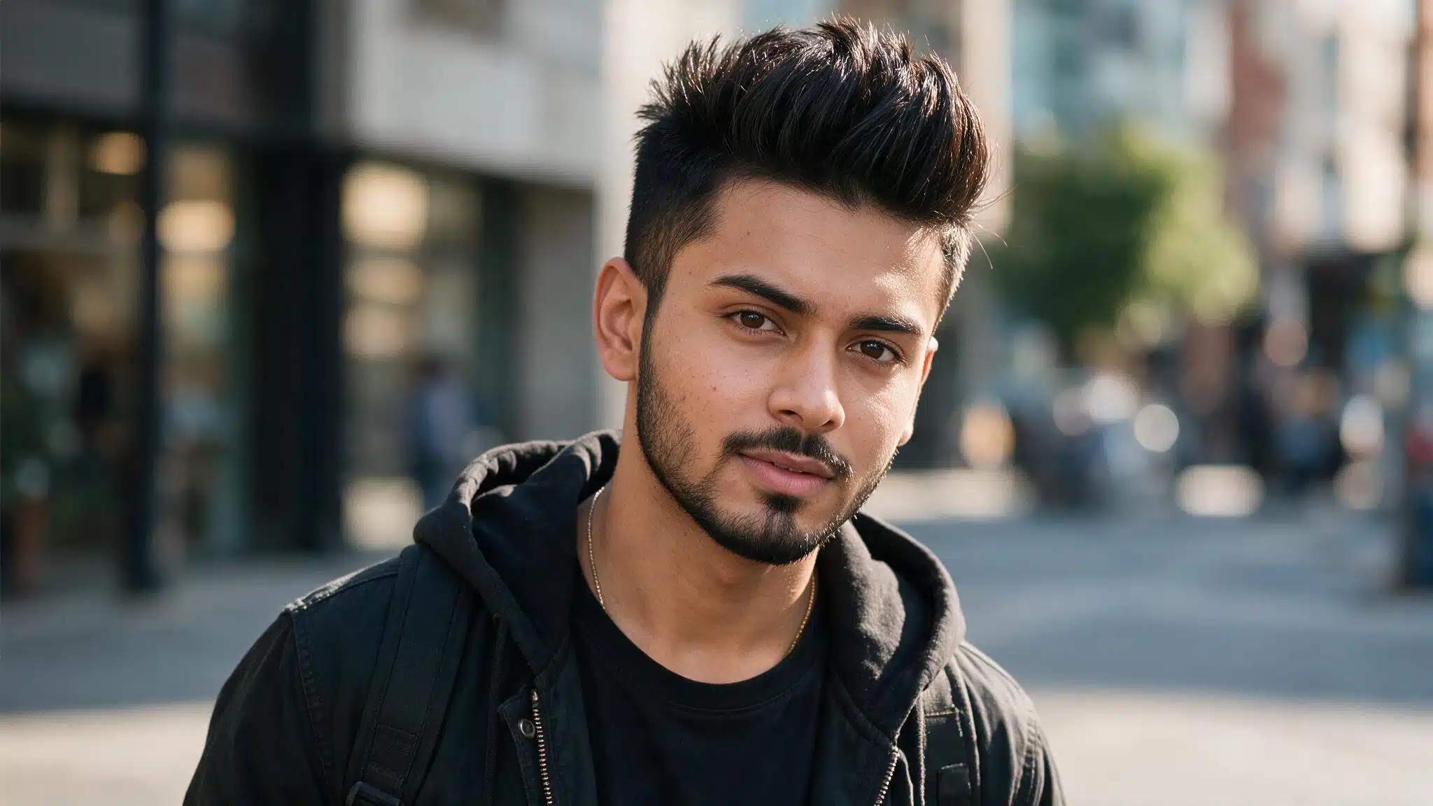 indian man with faux hawk haircut showing raised center hair, tapered sides, and textured modern styling