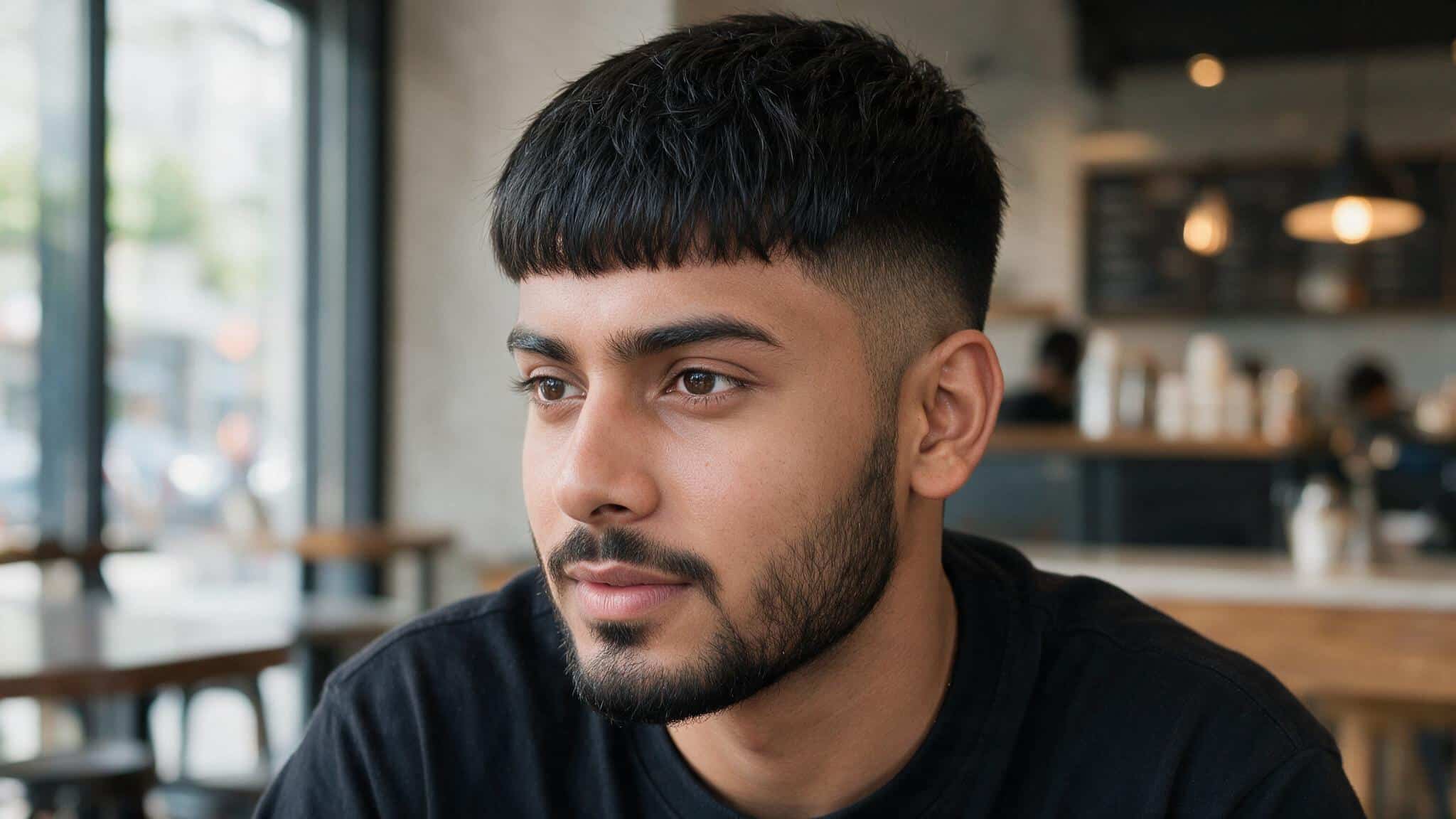 indian man with french crop hairstyle showing short fringe, textured hair layers, and natural masculine features