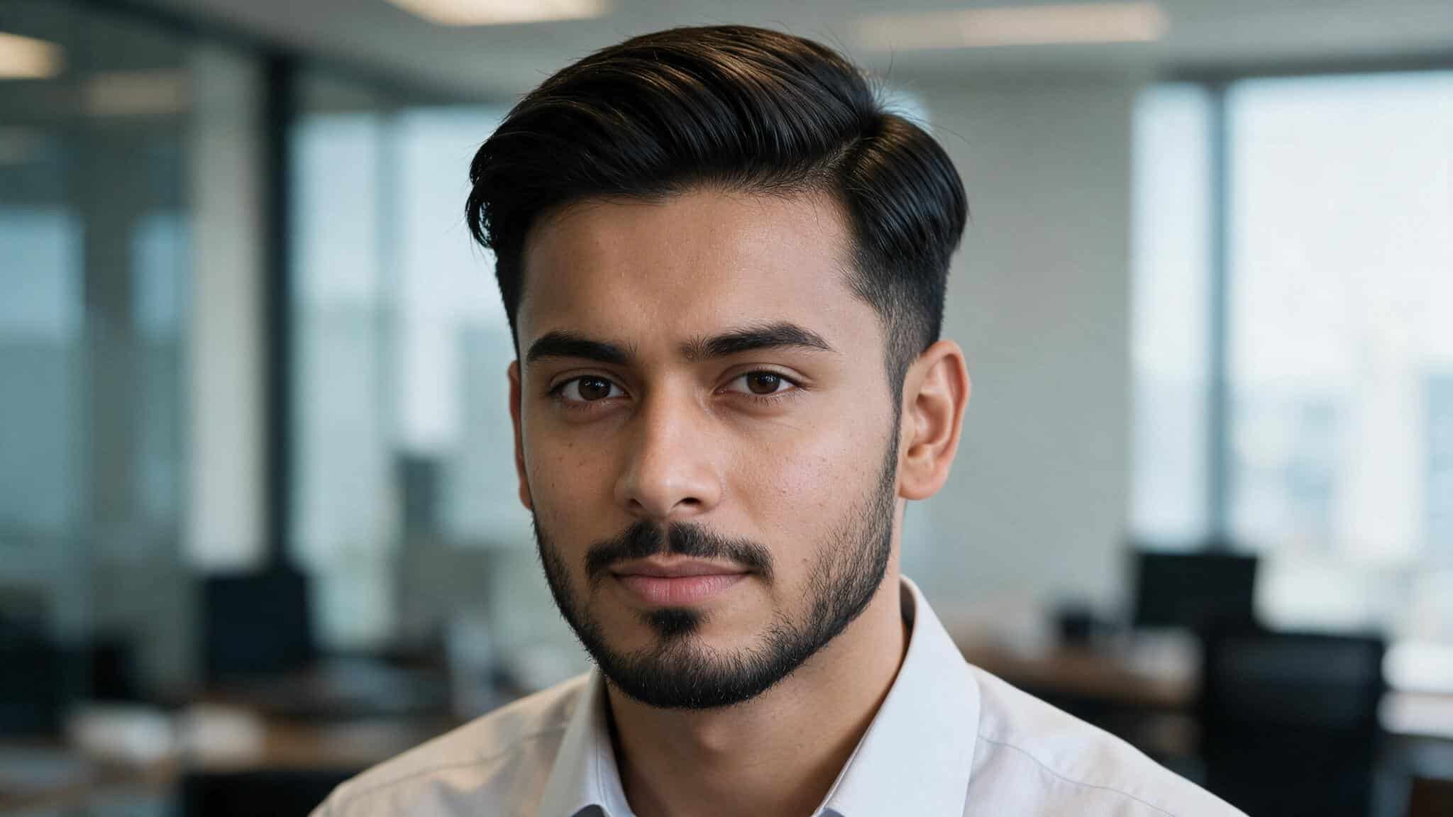 indian man with ivy league haircut showing side part styling, medium length hair, and polished professional appearance