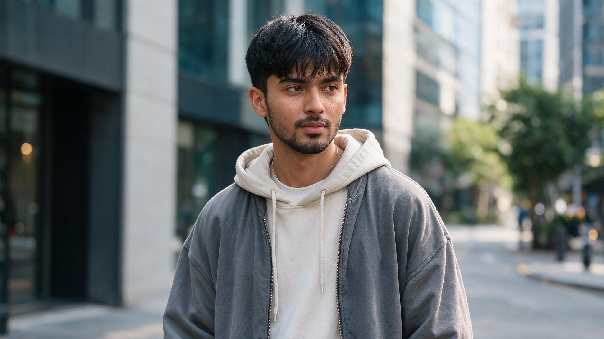 indian man with korean inspired crop haircut showing soft rounded fringe and clean modern hairstyle