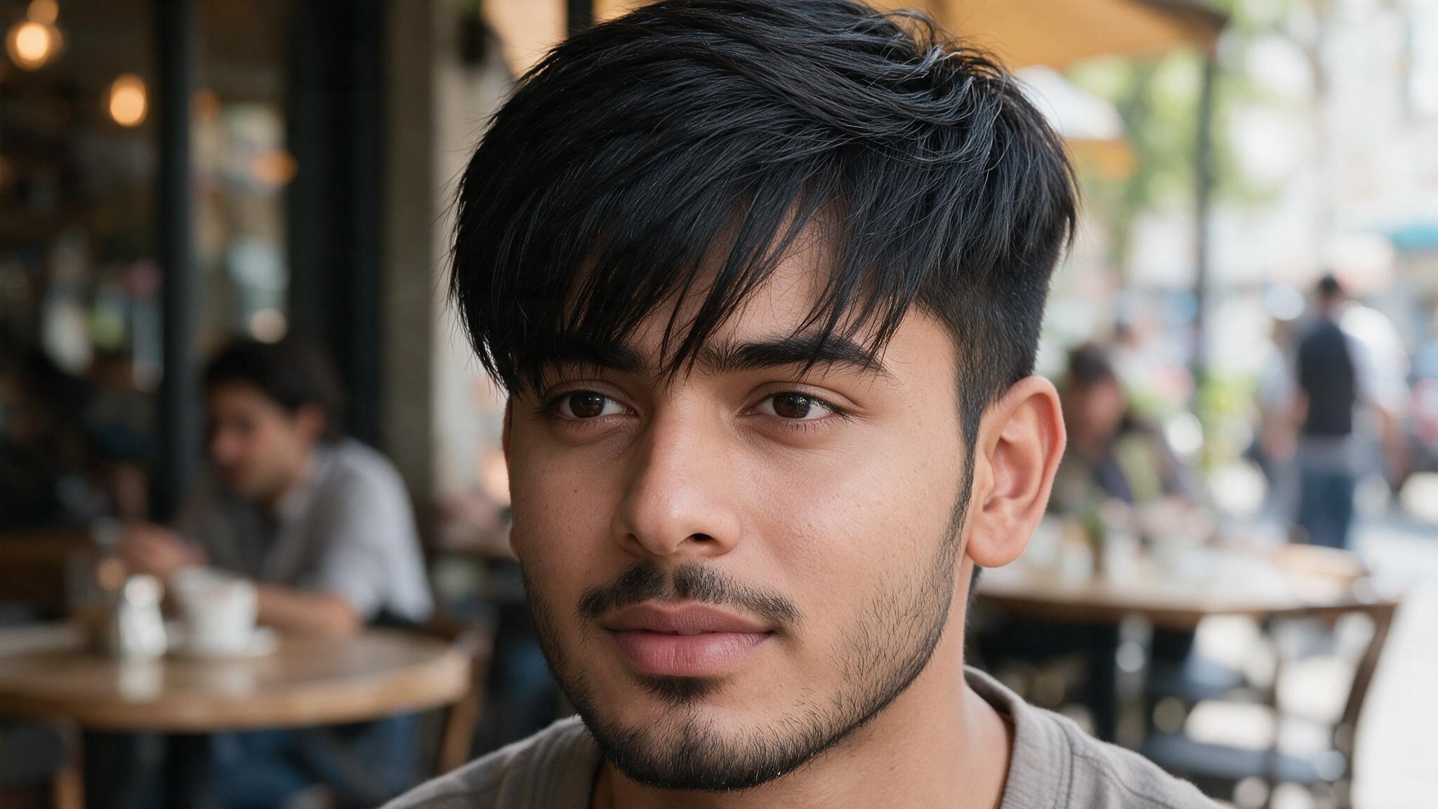 indian man with long fringe haircut showing face framing front layers and naturally flowing textured hair