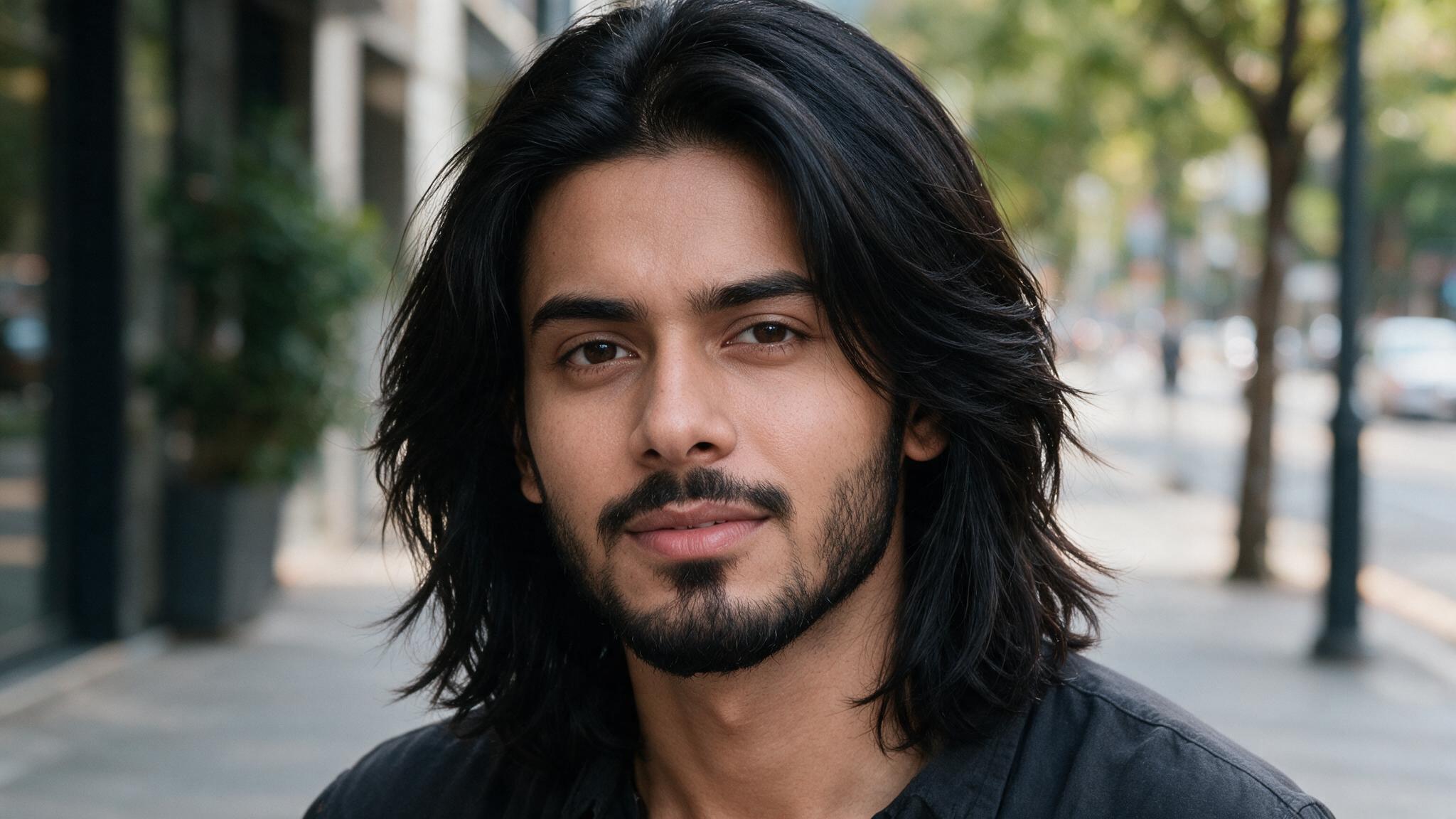 indian man with long layered haircut showing textured lengths, reduced bulk, and natural flowing hair
