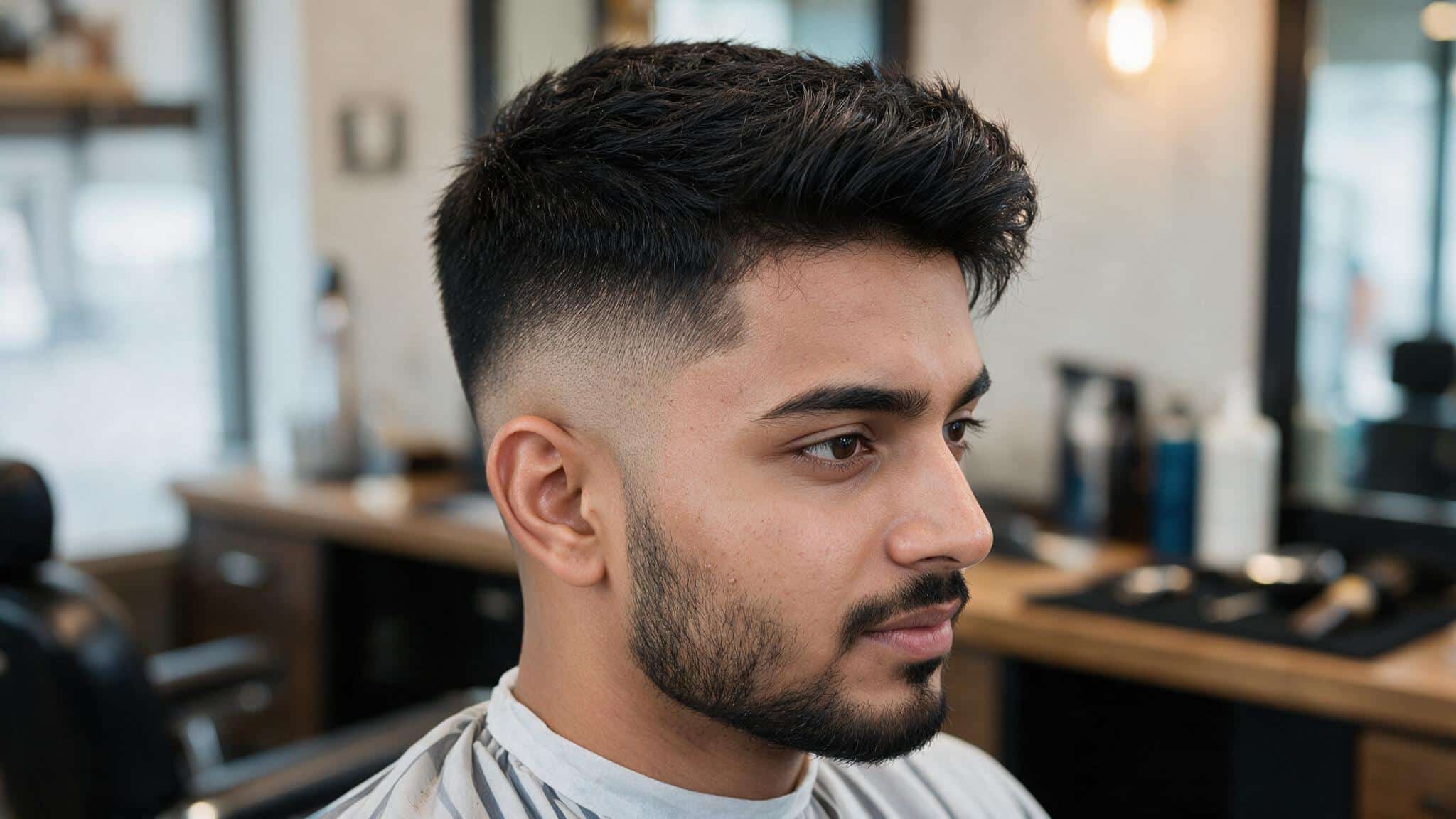 indian man with low fade haircut featuring blended sides, textured top hair, and natural barber styling details