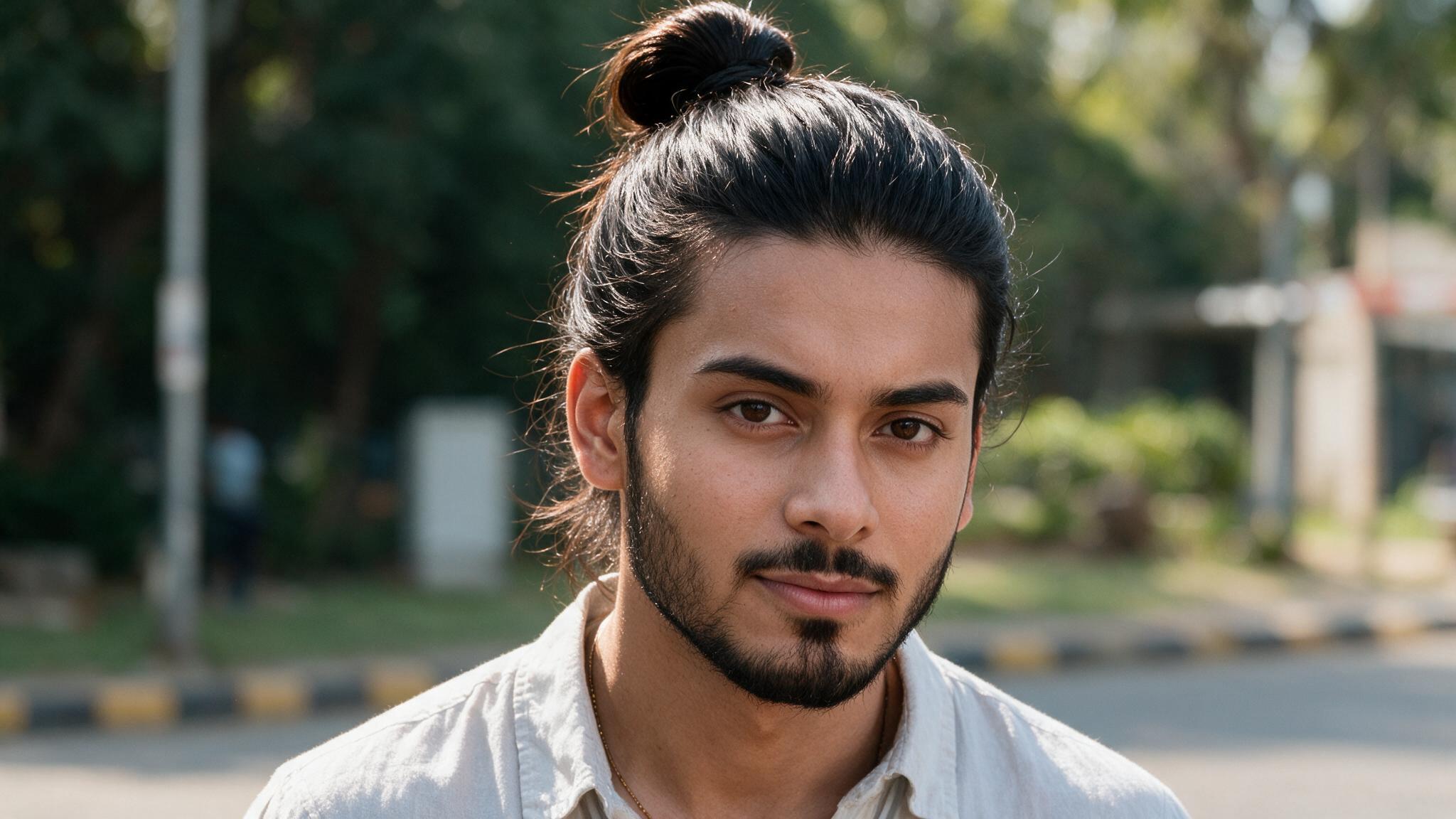 indian man with man bun hairstyle showing tied long hair, natural texture, and practical modern grooming