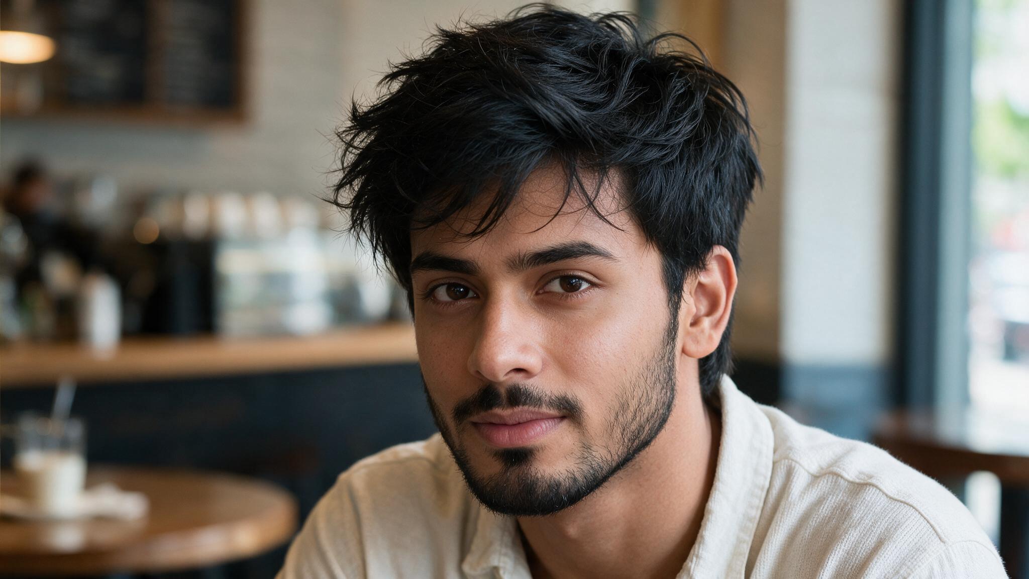 indian man with messy textured crop showing loose layered hair, natural volume, and effortless casual styling