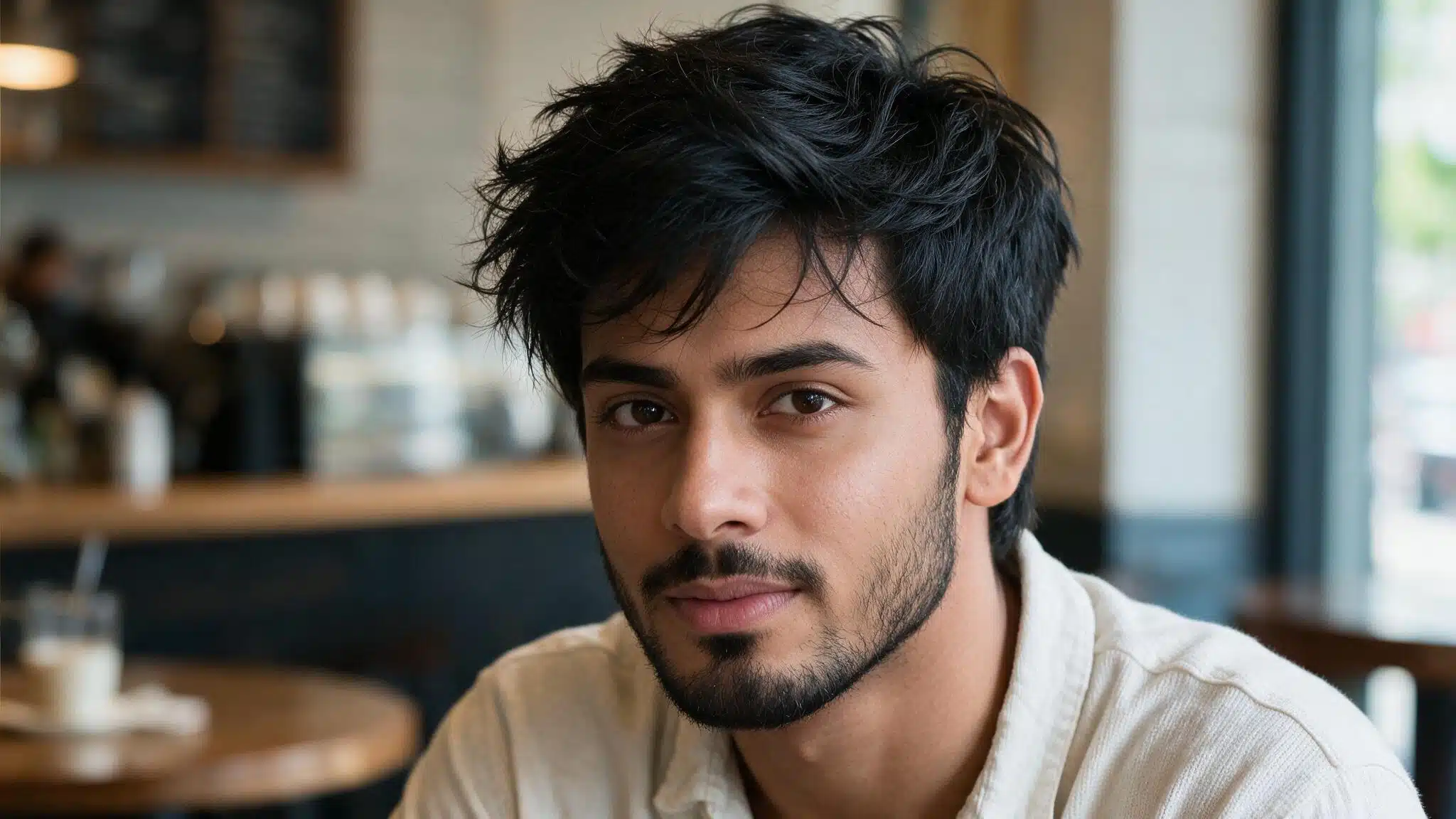 indian man with messy textured crop showing loose layered hair, natural volume, and effortless casual styling