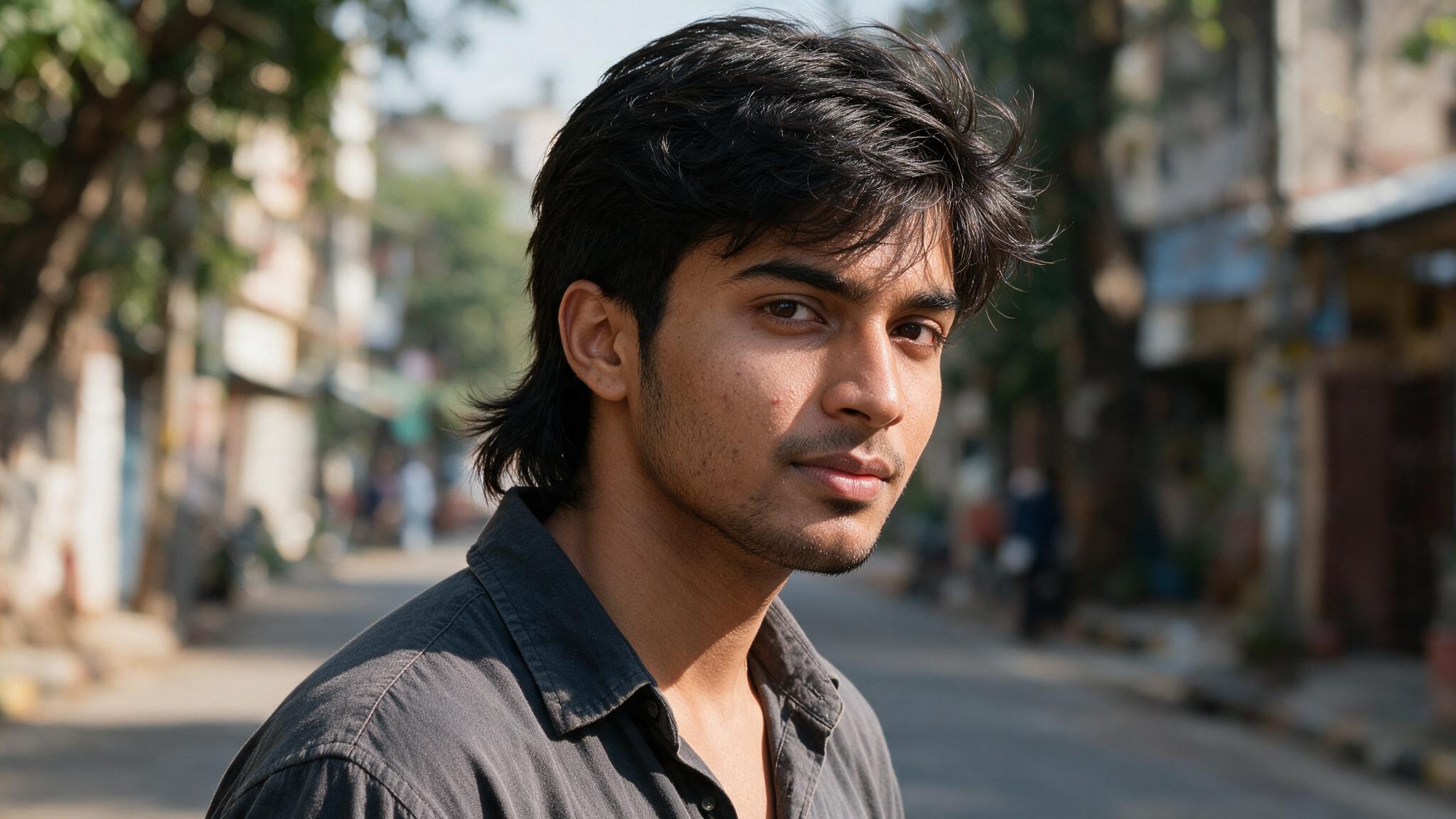 indian man with modern mullet hairstyle showing layered sides, longer back, and textured contemporary haircut