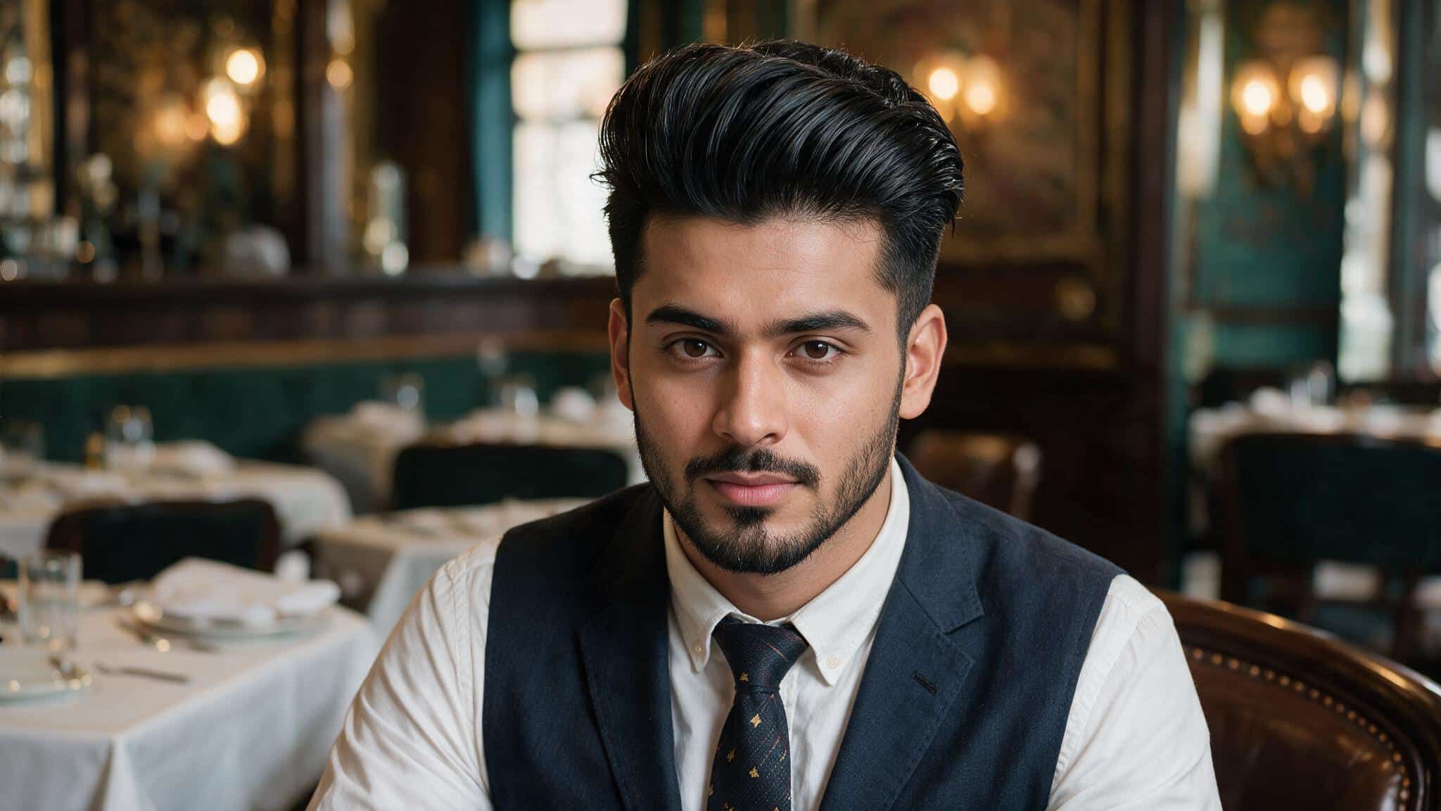 indian man with pompadour haircut featuring swept back volume, thick hair texture, and polished grooming style