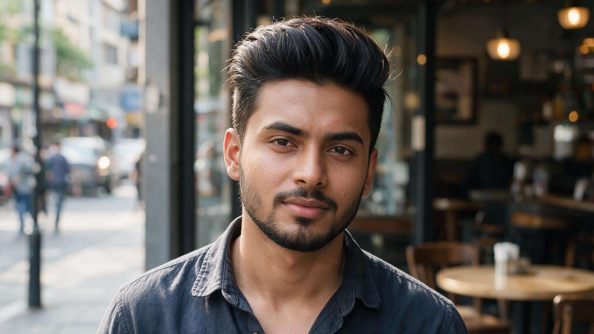 indian man with quiff hairstyle showing lifted front hair, natural volume, textured strands, and stylish finish