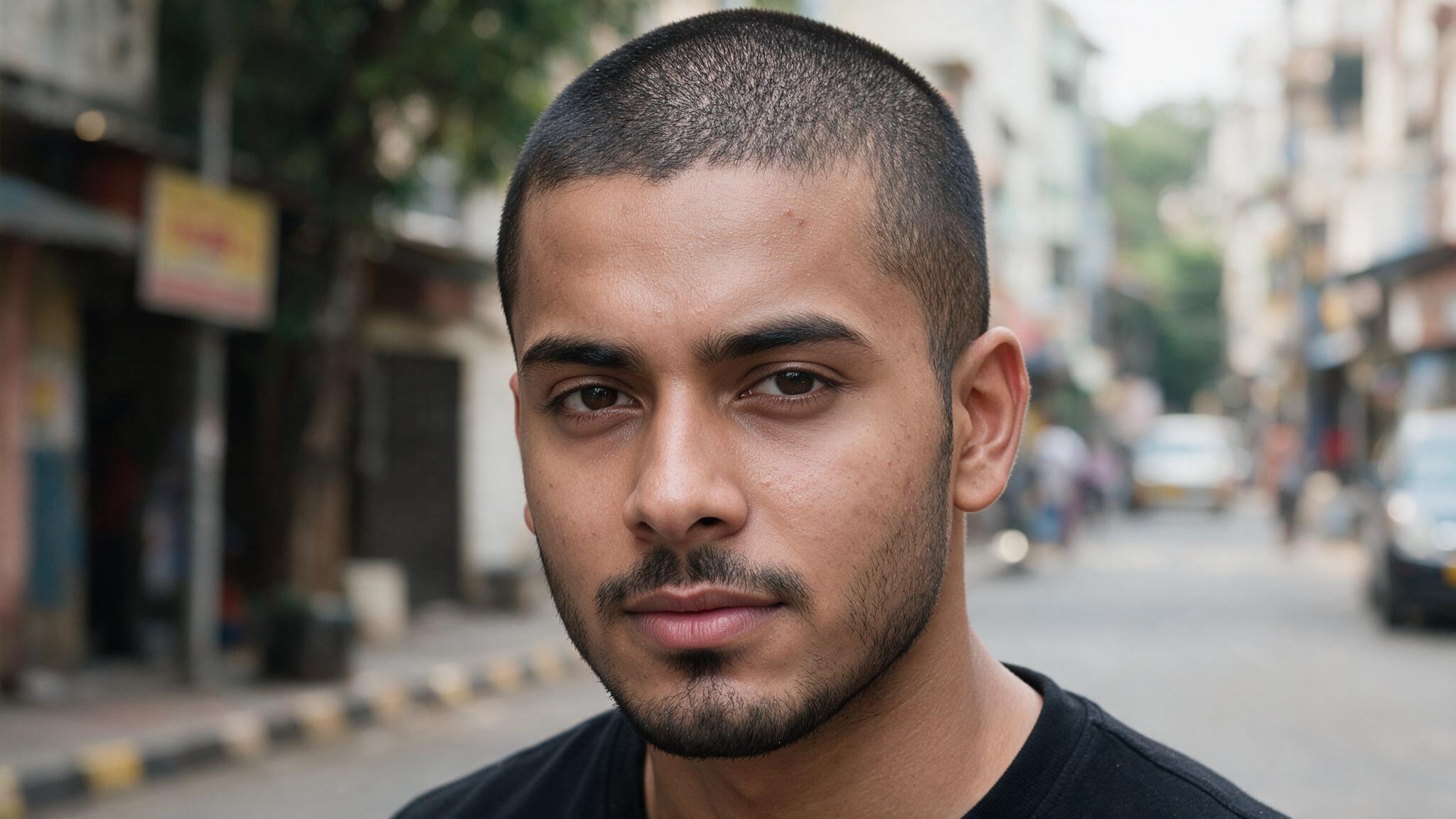 indian man with short buzz cut hairstyle showing thick hair texture, natural scalp detail, and realistic grooming finish