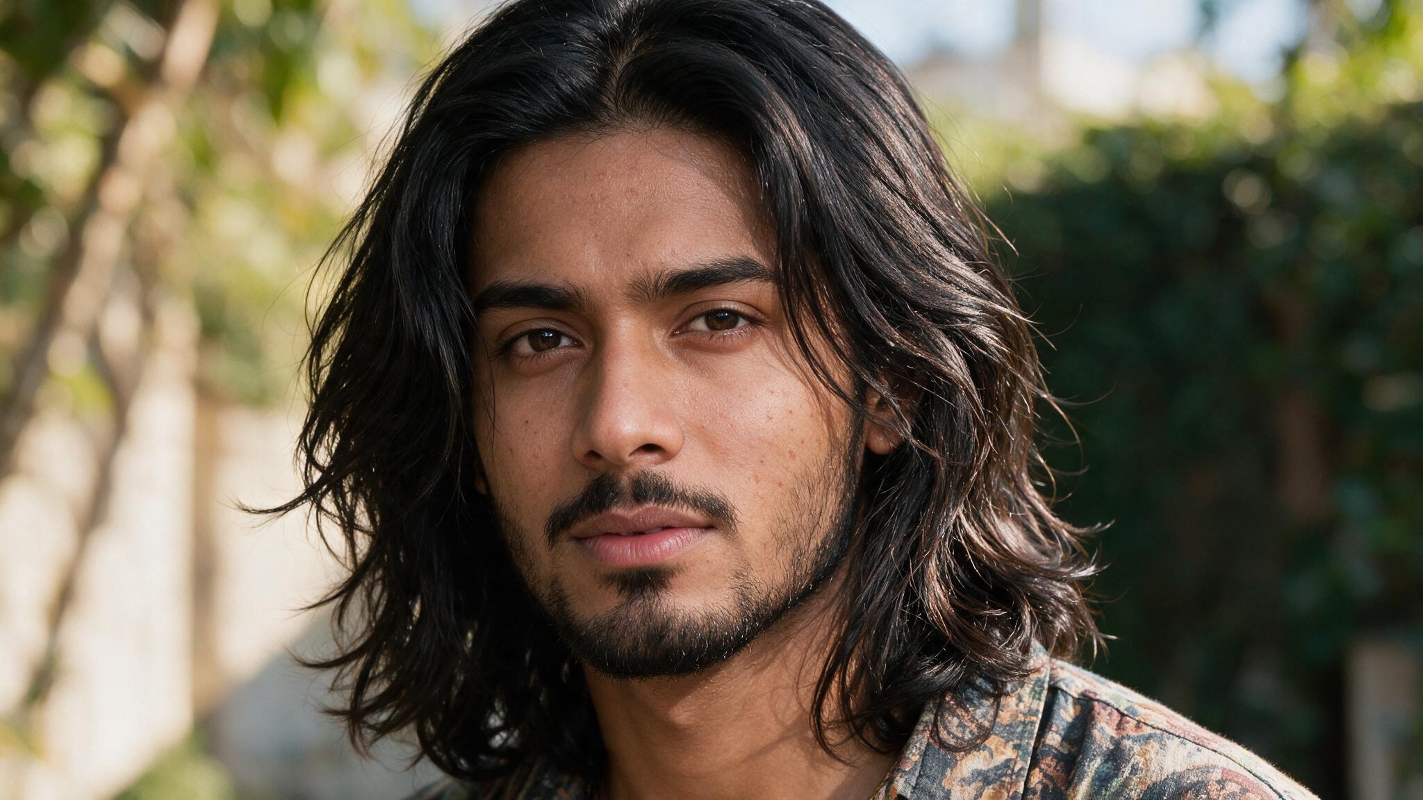 indian man with shoulder length wavy hair showing natural movement, loose texture, and relaxed styling