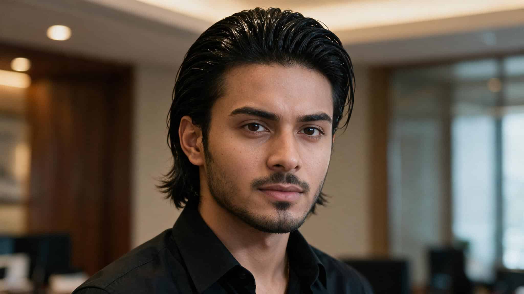 indian man with slick back hairstyle showing combed back hair, smooth finish, and realistic formal appearance