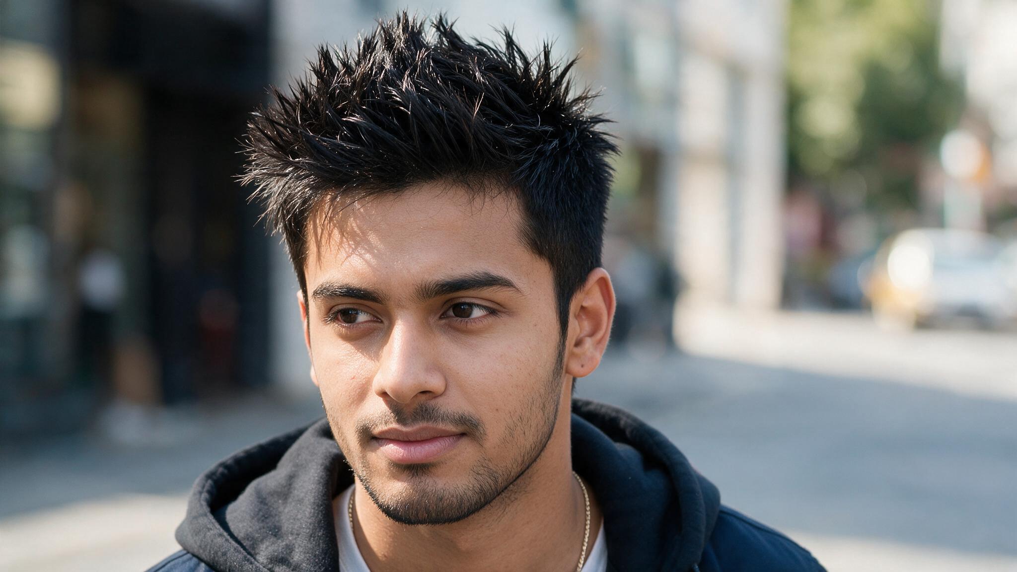 indian man with spiky crop hairstyle showing textured upward spikes, short sides, and casual youthful style