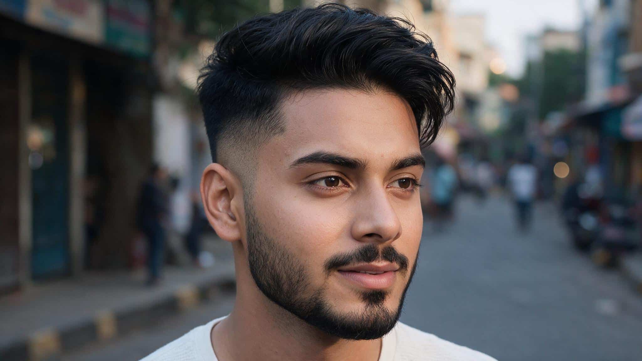 indian man with taper fade hairstyle showing soft side blending, wavy textured hair, and realistic grooming look