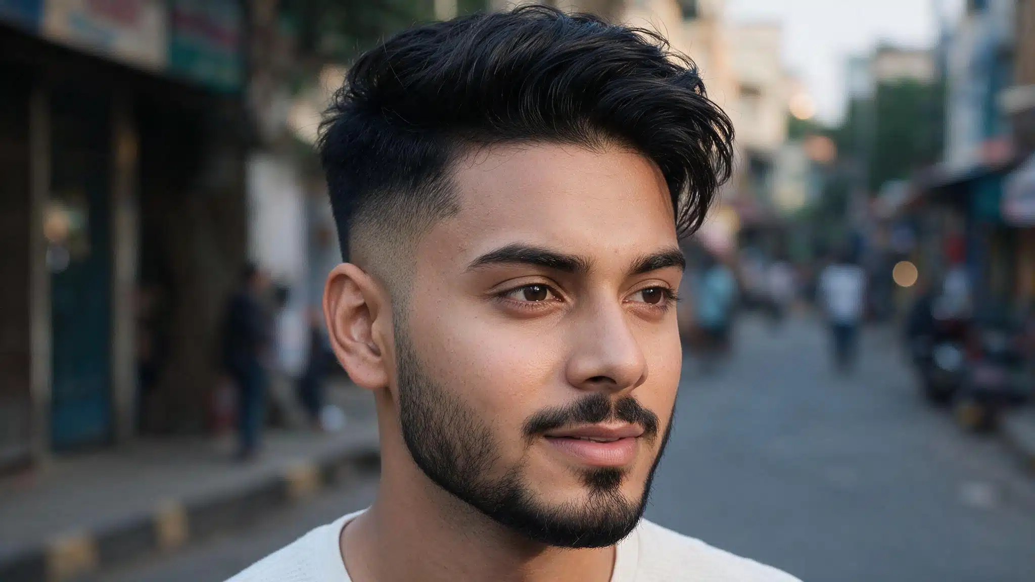 indian man with taper fade hairstyle showing soft side blending, wavy textured hair, and realistic grooming look