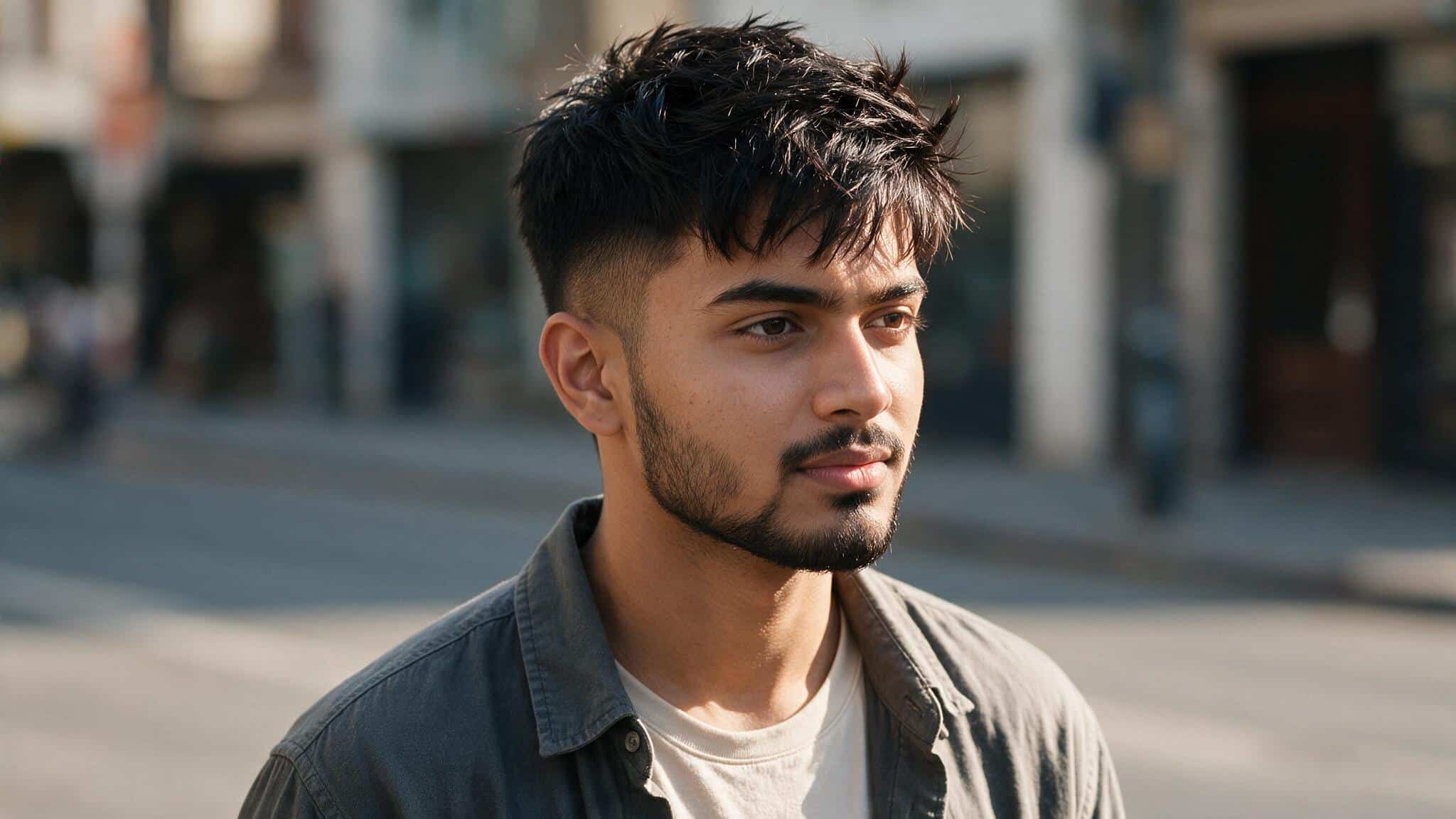 indian man with textured crop haircut showing layered top, faded sides, thick hair strands, and casual style