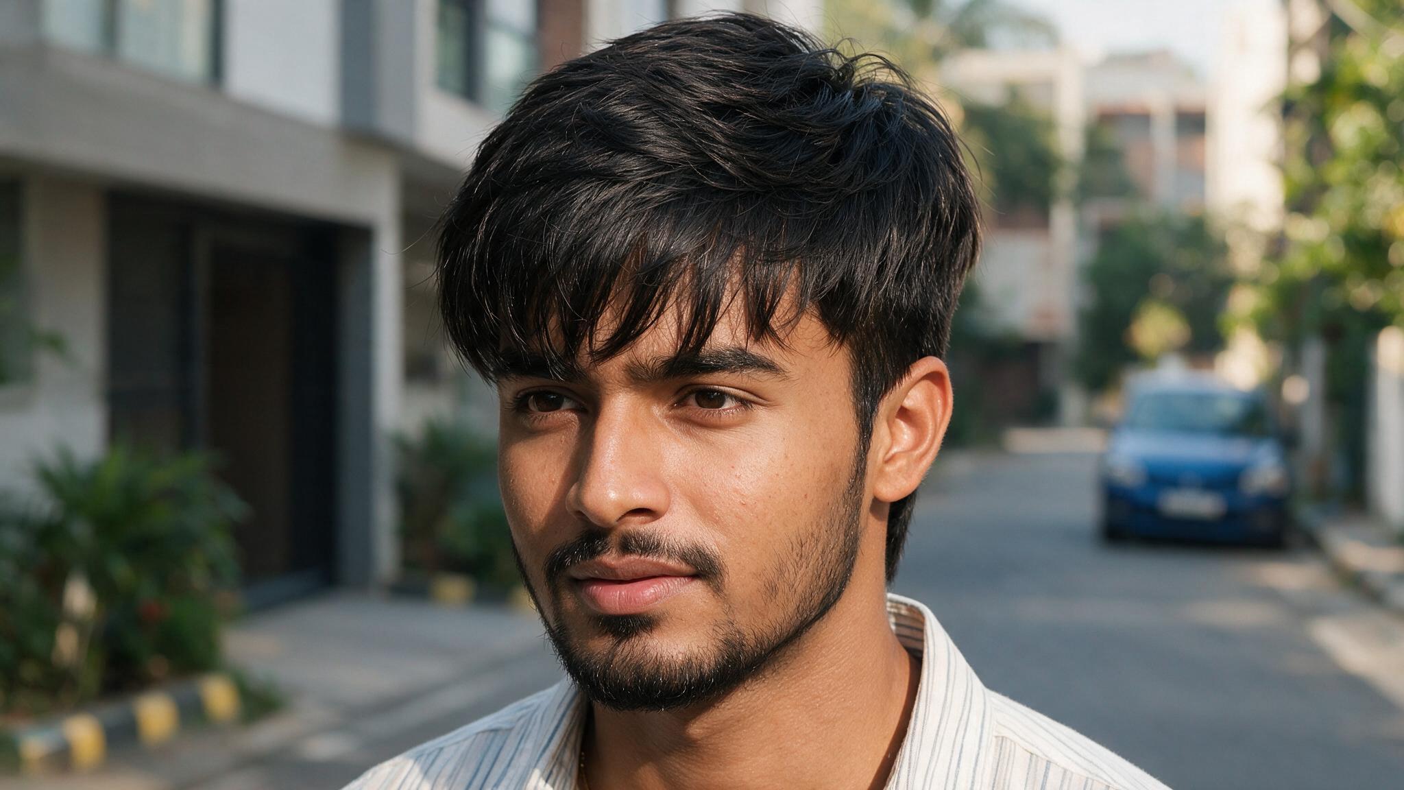 indian man with textured fringe haircut showing layered front hair, natural movement, and relaxed modern look
