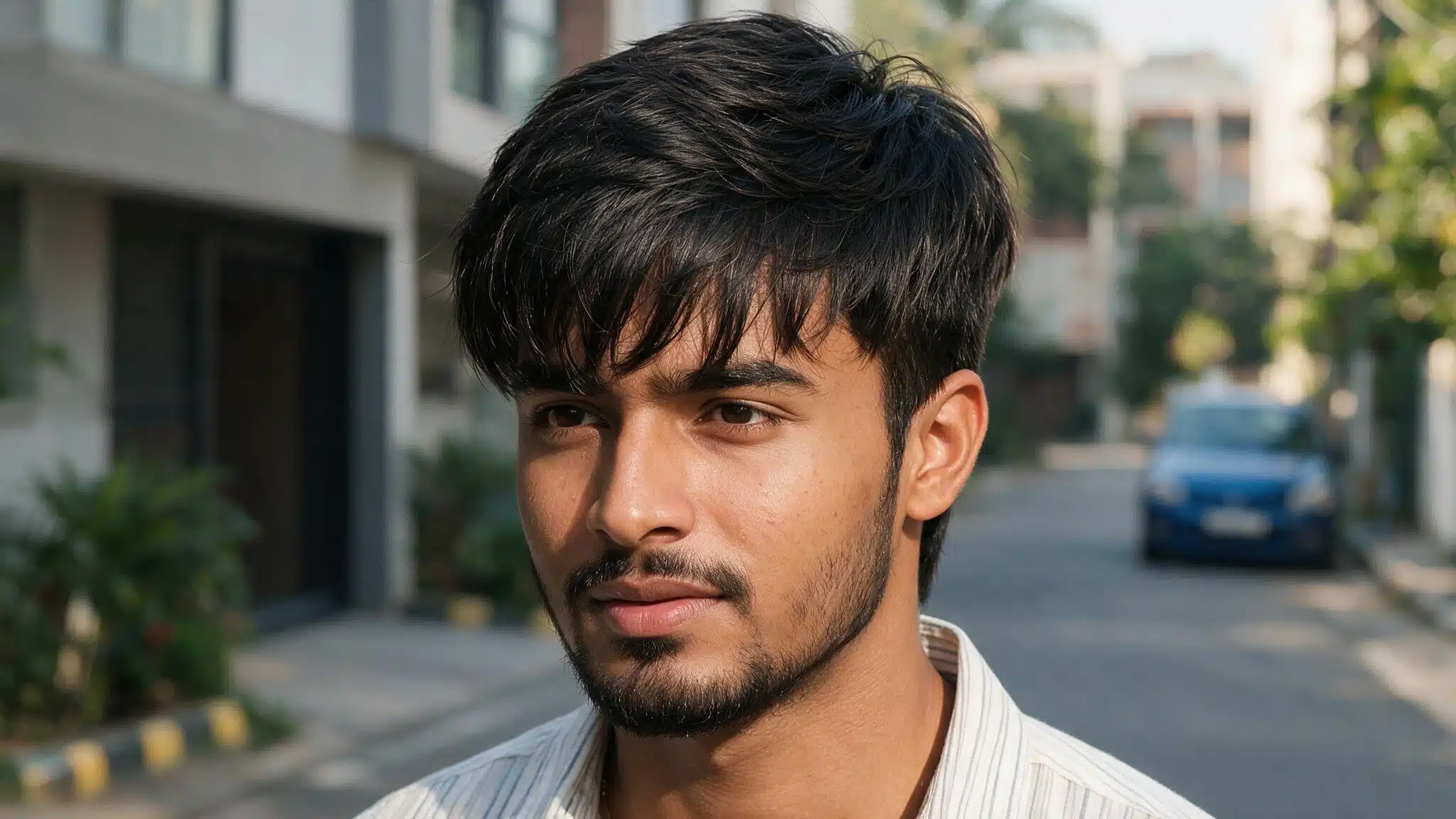 indian man with textured fringe haircut showing layered front hair, natural movement, and relaxed modern look