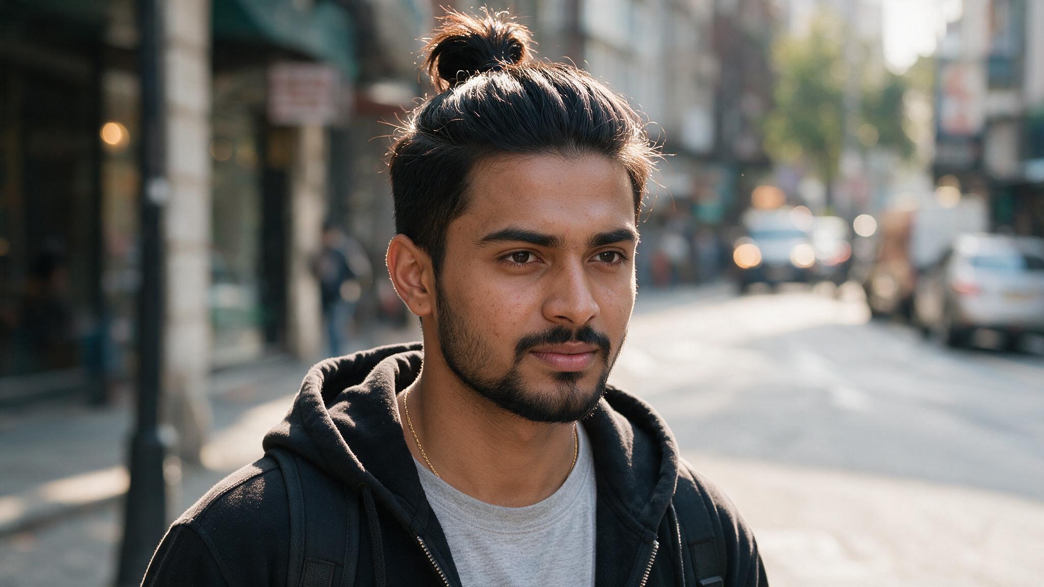 indian man with top knot hairstyle showing high tied hair, clean sides, and distinctive casual appearance