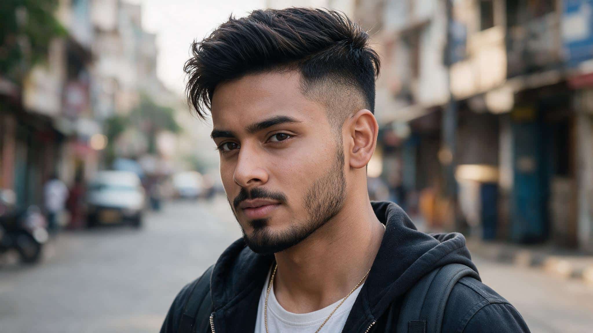 indian man with undercut hairstyle featuring shaved sides, longer textured top, and modern casual appearance
