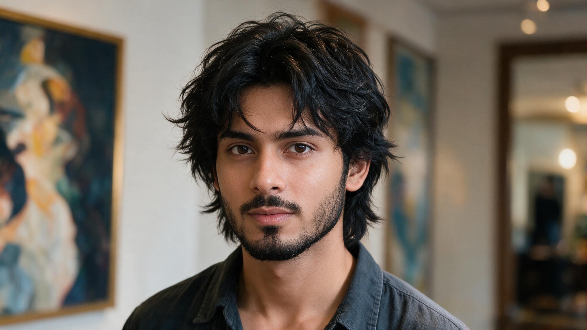 indian man with wolf cut hairstyle showing shaggy layers, natural waves, and trendy textured hair movement