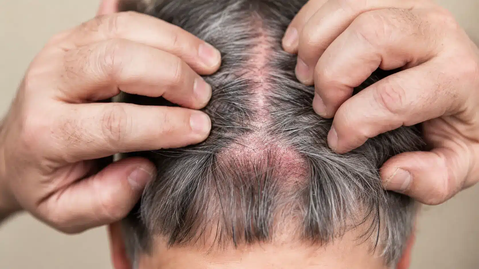 inflamed scalp with hair parted showing irritation and redness
