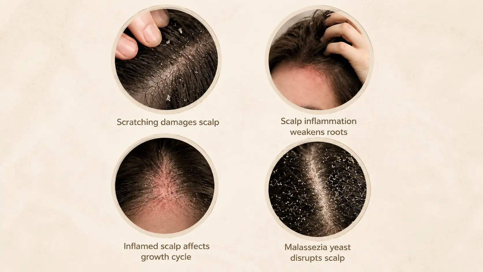 infographic showing scalp inflammation scratching hair breakage and dandruff related scalp changes