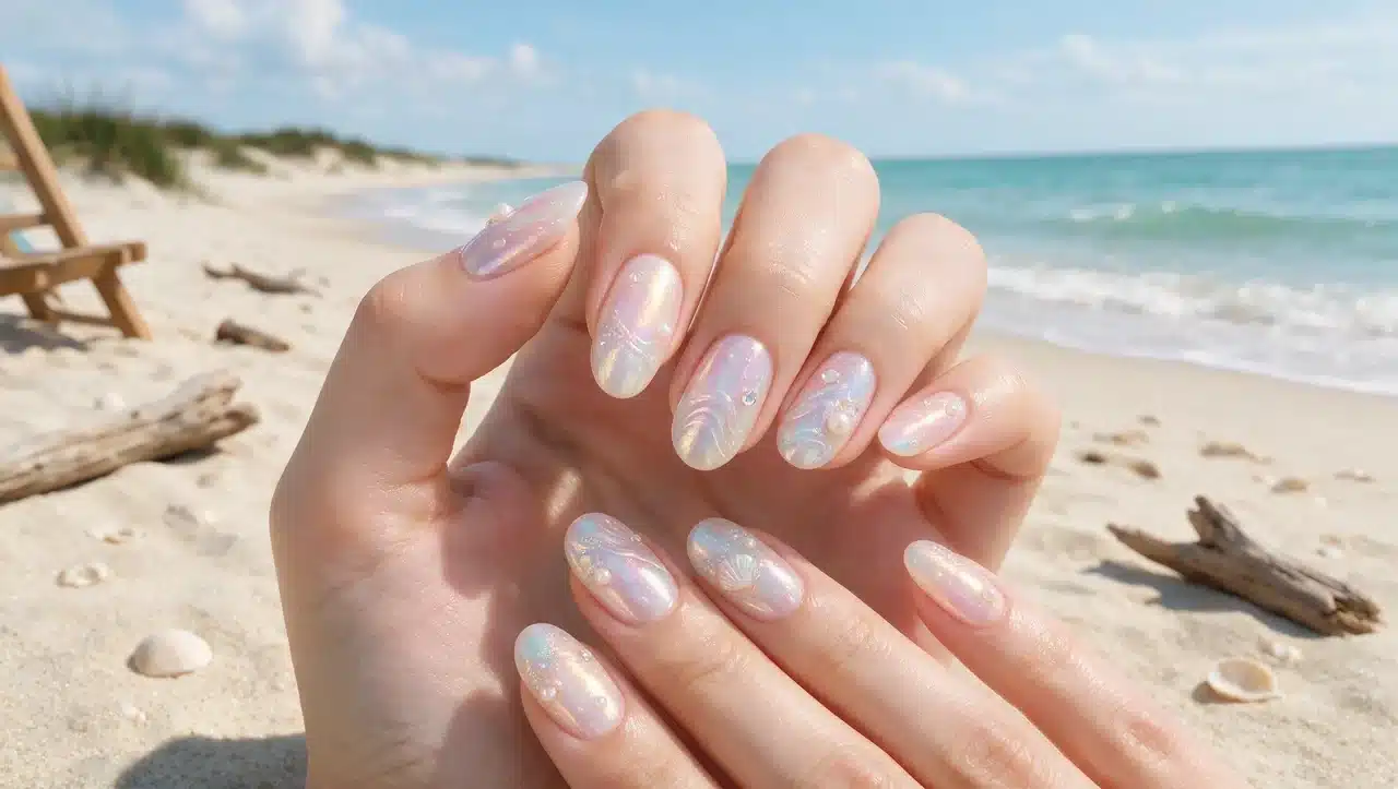 iridescent seashell nails with pearl chrome shimmer beach inspired look