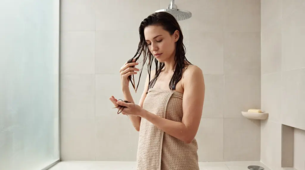woman checking loose hair strands in her hand after showering