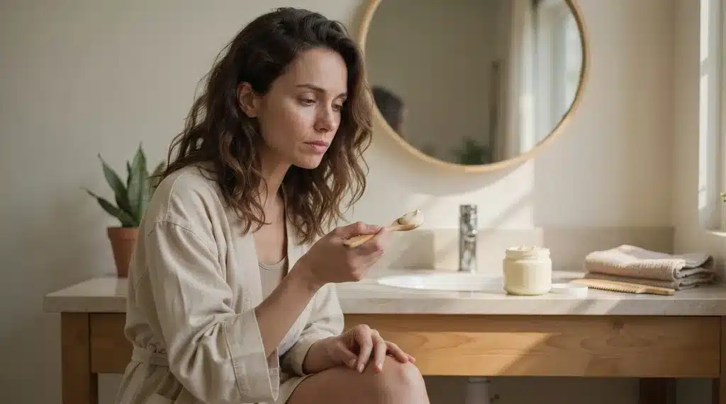 woman with natural wavy hair beside a plain jar of mayonnaise on a warm bathroom vanity in soft daylight
